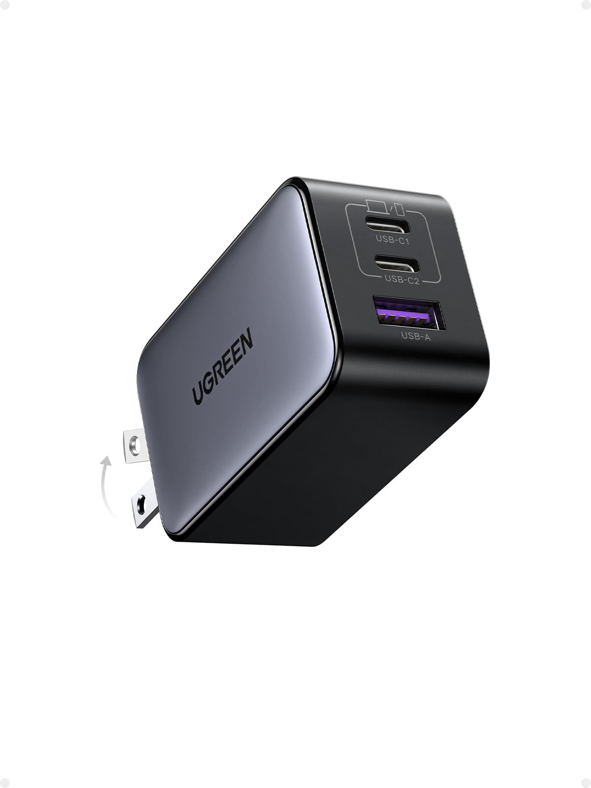 UGREEN 65W USB C Charger Block, Nexode 3-Port GaN Fast Type C Charger, Compact Foldable Power Adapter for MacBook Pro/Air, Dell XPS, iPhone 16/15, iPad Pro, Galaxy S25, (Black)
