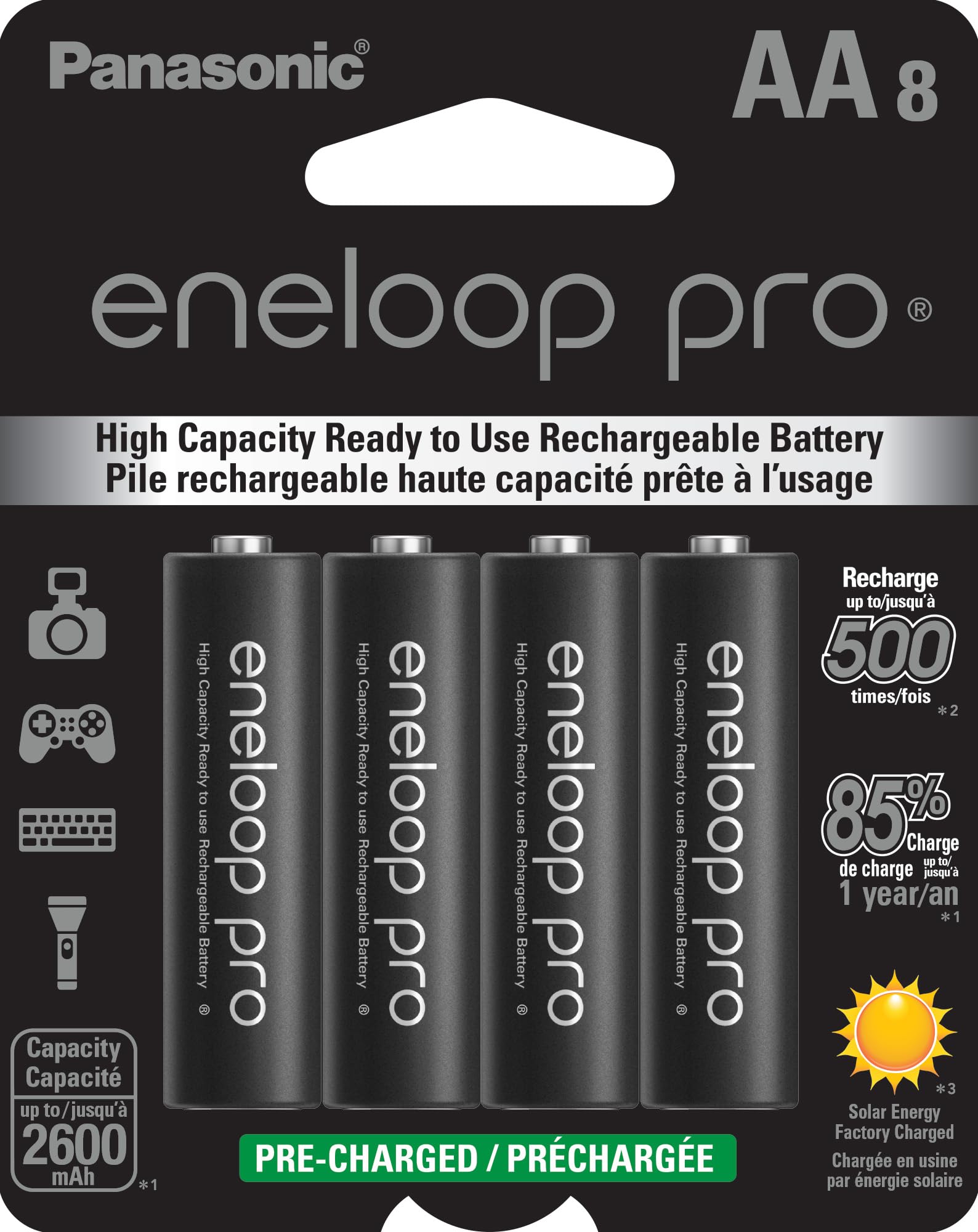 Eneloop Panasonic BK-3HCCA8BA pro AA High Capacity Ni-MH Pre-Charged Rechargeable Batteries, 8-Battery Pack