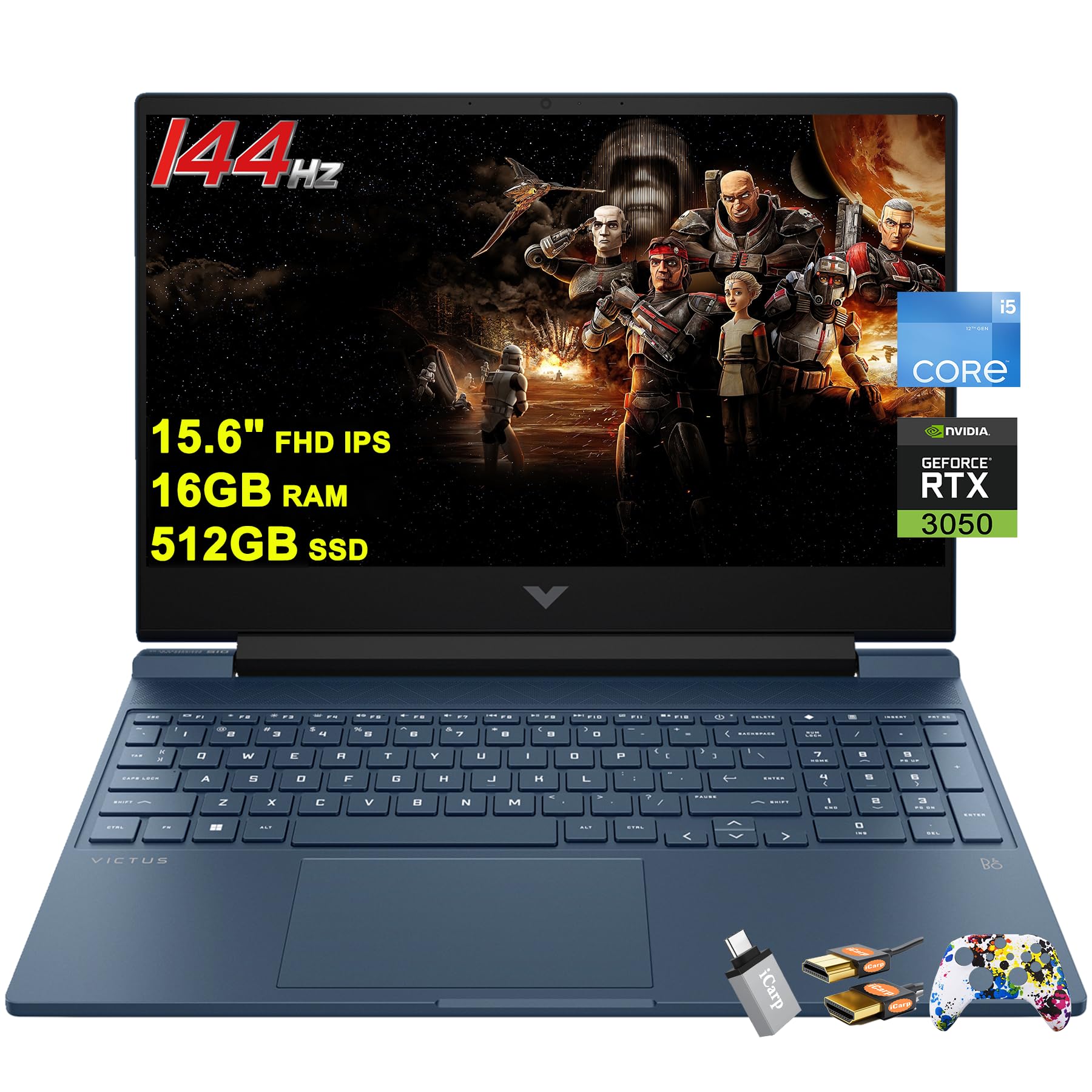 HP Victus 15 Gaming Laptop 15.6 FHD IPS Anti-Glare 144Hz Intel 8-core i5-12450H (Beat i7-11800H) 16GB RAM 512GB SSD GeForce RTX 3050 Backlit B&O Fast Charging Win11 w/ICP Accessory