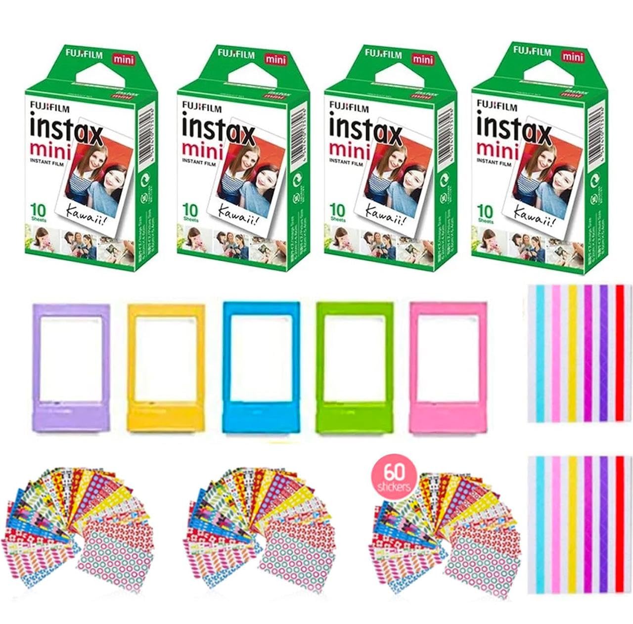 Fujifilm Instax Mini Instant Camera Film: 40 Shoots Total, (10 Sheets x 4) Includes 5 "Tudak Plastic Desk Frames, 60 Sticker Frames & 2 Packs Corner Stickers – Perfect for Scrapbooking & Display