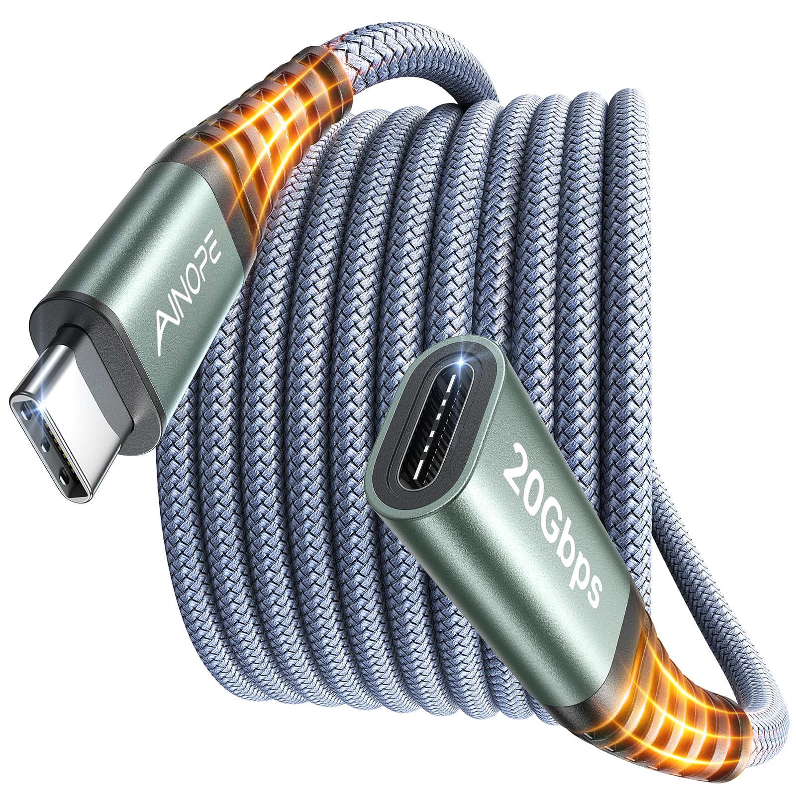 AINOPE USB C Extension Cable 6.6FT, 20Gbps/240W USB3.2 Type C Extender Cord for PSVR2 Accessories, 4K@60Hz Video Output Braided USB C Female Extension Cable for Hub/MacBook/Magsafe Charger/Phone, Grey