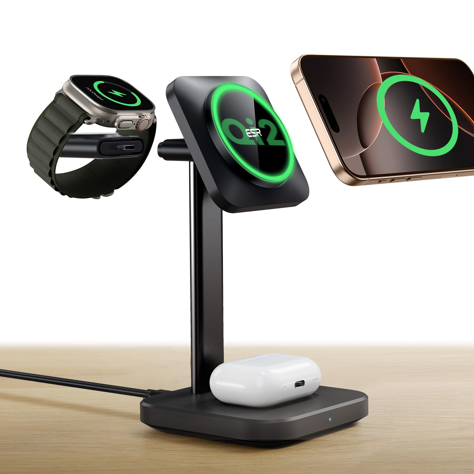 ESR Qi2 3 in 1 Wireless Charging Station, [Certified] Apple Watch Charger & 15W Qi2 MagSafe Charger Stand for iPhone, Wireless Charger for Multiple Devices iPhone 16/15/14/13&Watch&AirPods,Black