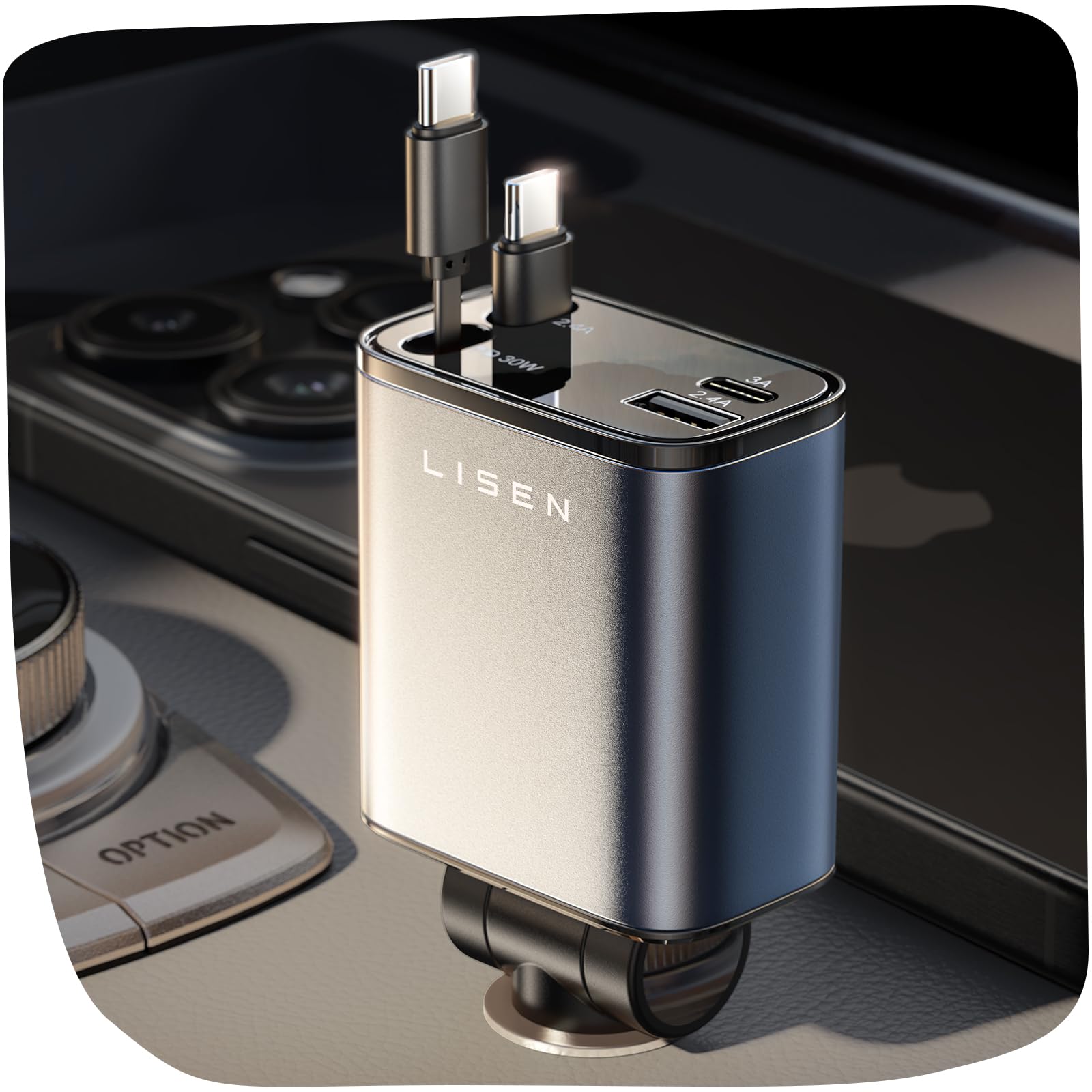 LISEN for iPhone 16 Car Charger Fast Charging 69W Retractable Car Charger with Dual Type C Cables USB C Car Charger Adapter for 17 iPhone 15 Pro Max, Samsung Galaxy S25, iPad Air, Google Pixel 10 Pro