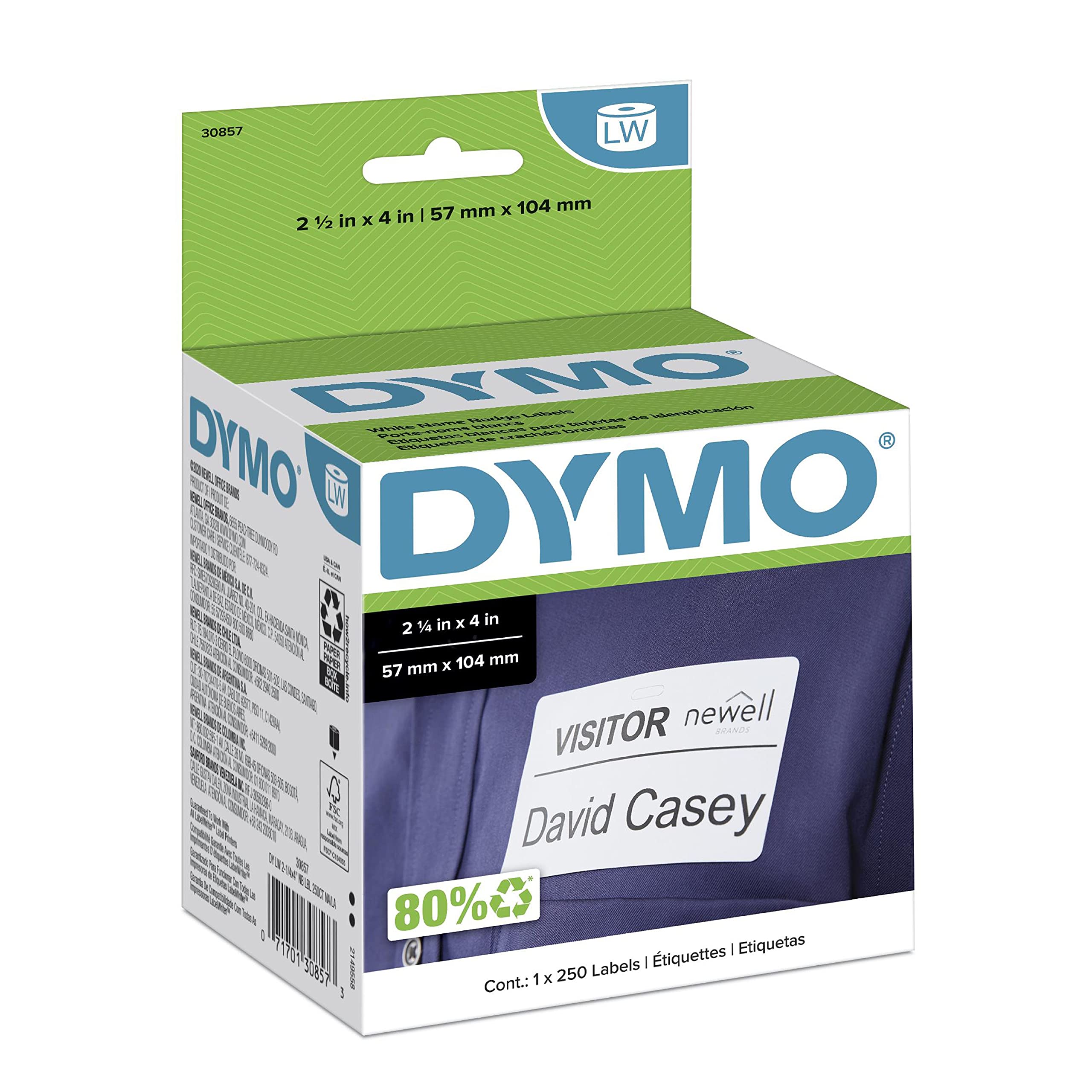 DYMO Authentic LW Name Badge Labels DYMO Labels for LabelWriter Printers White 2-1/4" x 4" 1 Roll of 250