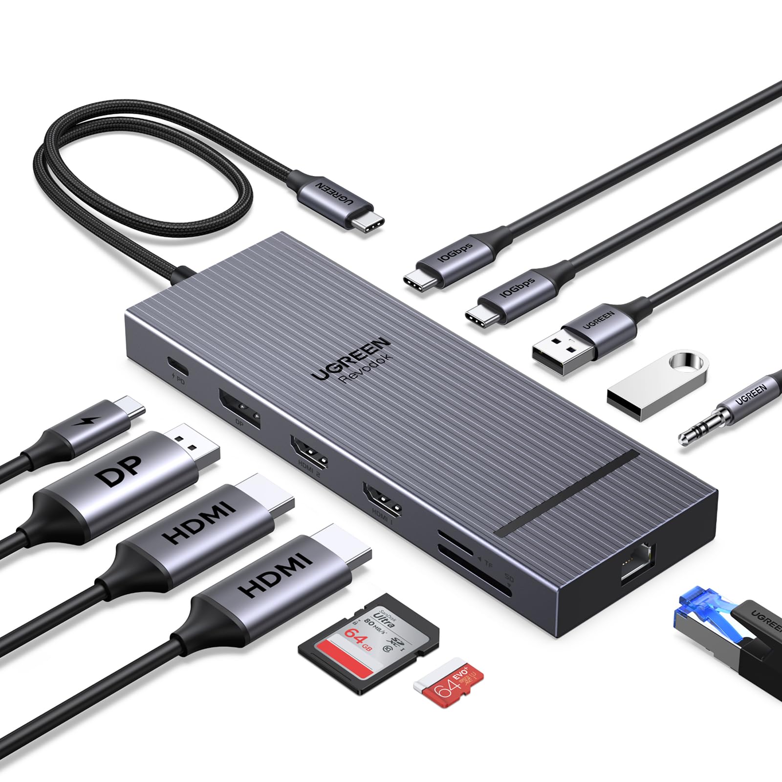 UGREEN Revodok Pro 12 in 1 Triple 4K Docking Station with 2 HDMI, DP, 2x10G USB C, 2×USB-A2.0, 100W PD, SD/TF, 1000Mbps Ethernet, 3.5MM Audio, USBC Hub Multiple Adapter for MacBook, DELL, HP and More