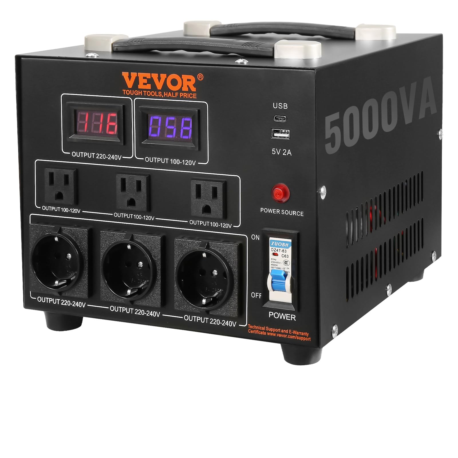VEVOR Voltage Converter Transformer, 5000W, Heavy Duty Step Up/Down Transformer, Convert from 110 Volt to 220 Volt and from 220 Volt to 110 Volt, with US Outlet EU Outlet 5V USB Port, CE Certified