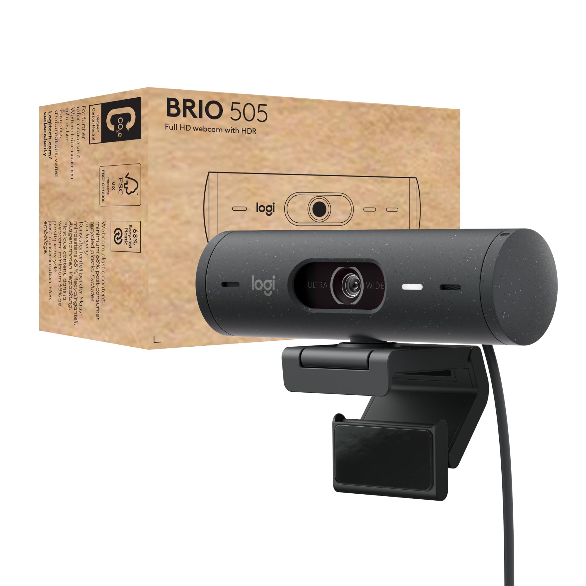 Logitech Brio 505 Full HD Webcam with auto Light Correction, auto-framing, Show Mode, Dual Noise Reduction mics, Privacy Shutter - Works with Microsoft Teams, Google Meet, Zoom, TAA Compliant