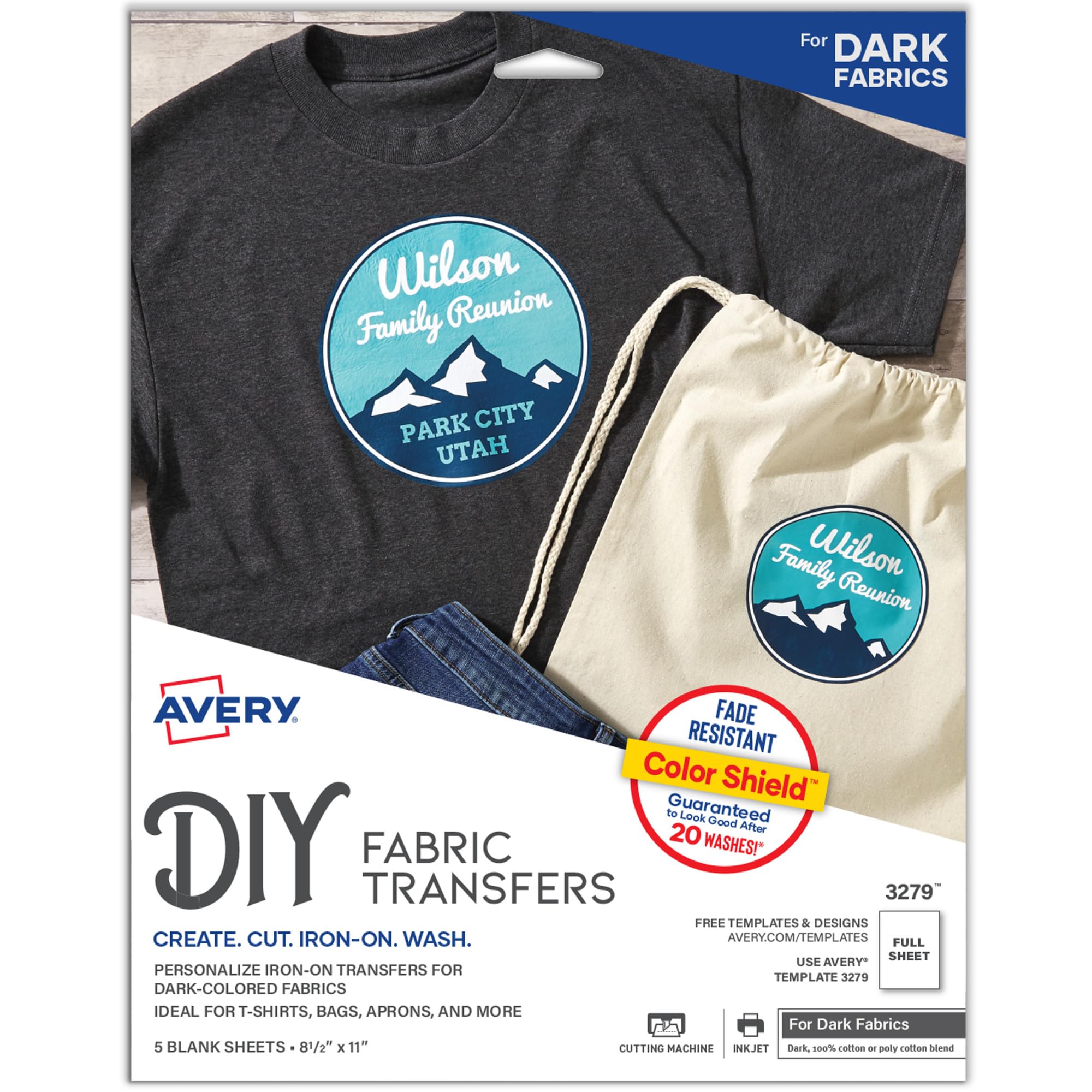 Avery Printable Heat Transfer Paper for Dark Fabrics, 8.5" x 11", Inkjet Printer Compatible, 5 Sheets of Iron On Transfer Paper, Great for Custom Shirts, Uniforms, Gifts, and More (3279)