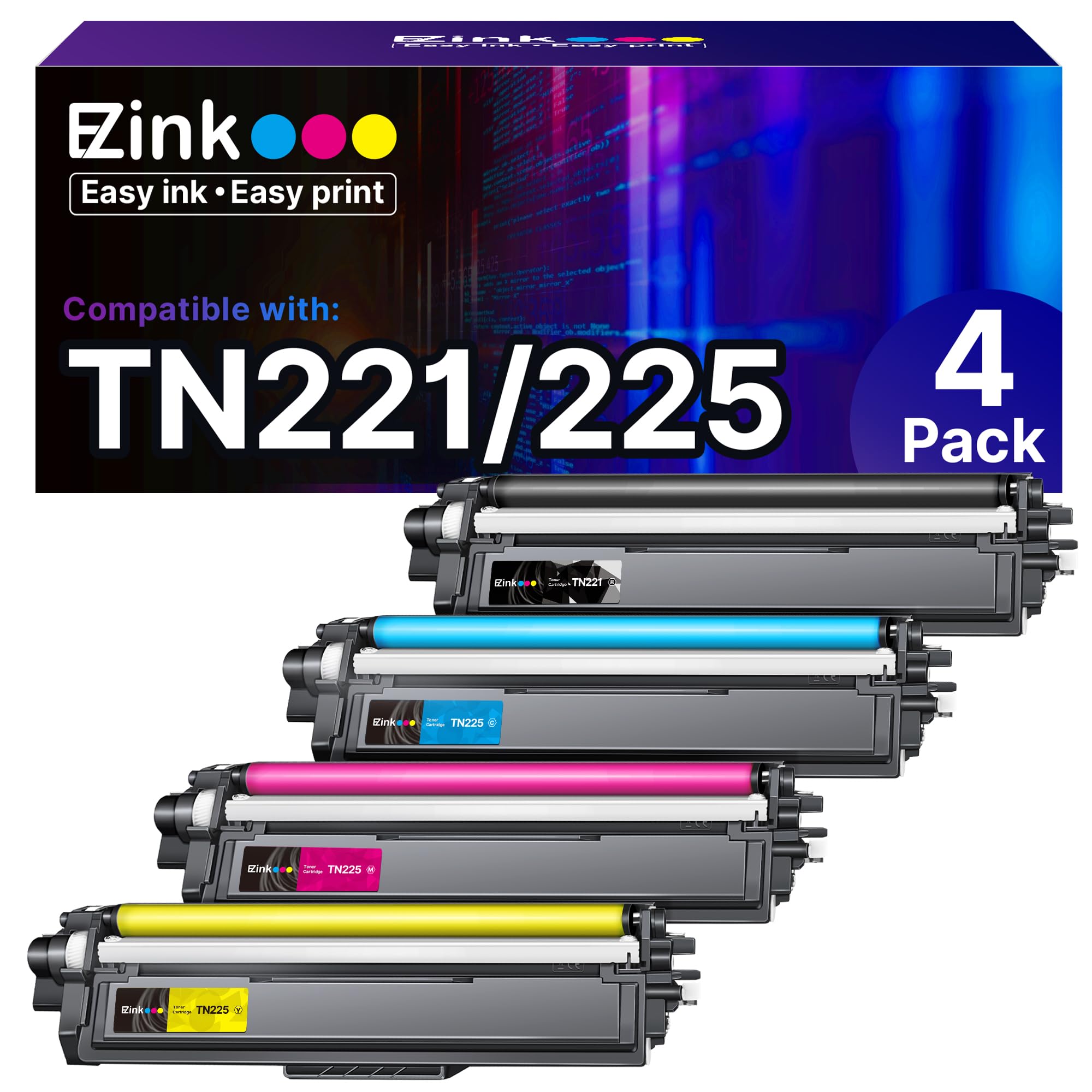 E-Z Ink Compatible Toner Cartridge Replacement for Brother TN221 TN225 Toner to Use with MFC-9130CW HL-3170CDW HL-3180CDW MFC-9340CDW MFC-9330CDW (1 Black 1 Cyan 1 Magenta 1 Yellow,4 Pack)
