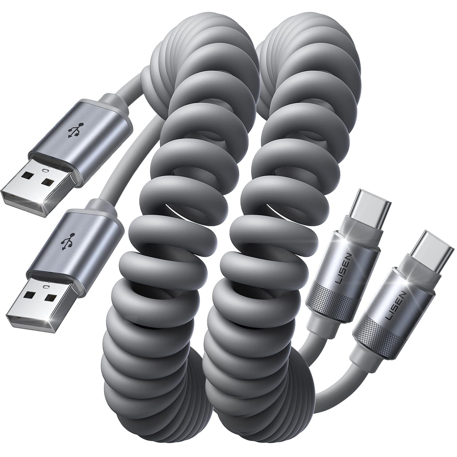 LISEN Coiled USB C Cable, 2 Pack for Android Auto & CarPlay Cable, 4FT Short USB A to USB C Cable Compatible with iPhone 16/15, Samsung Galaxy S25/S24/S23 A15/A14, Google Pixel 9/8, Moto, OnePlus, TCL