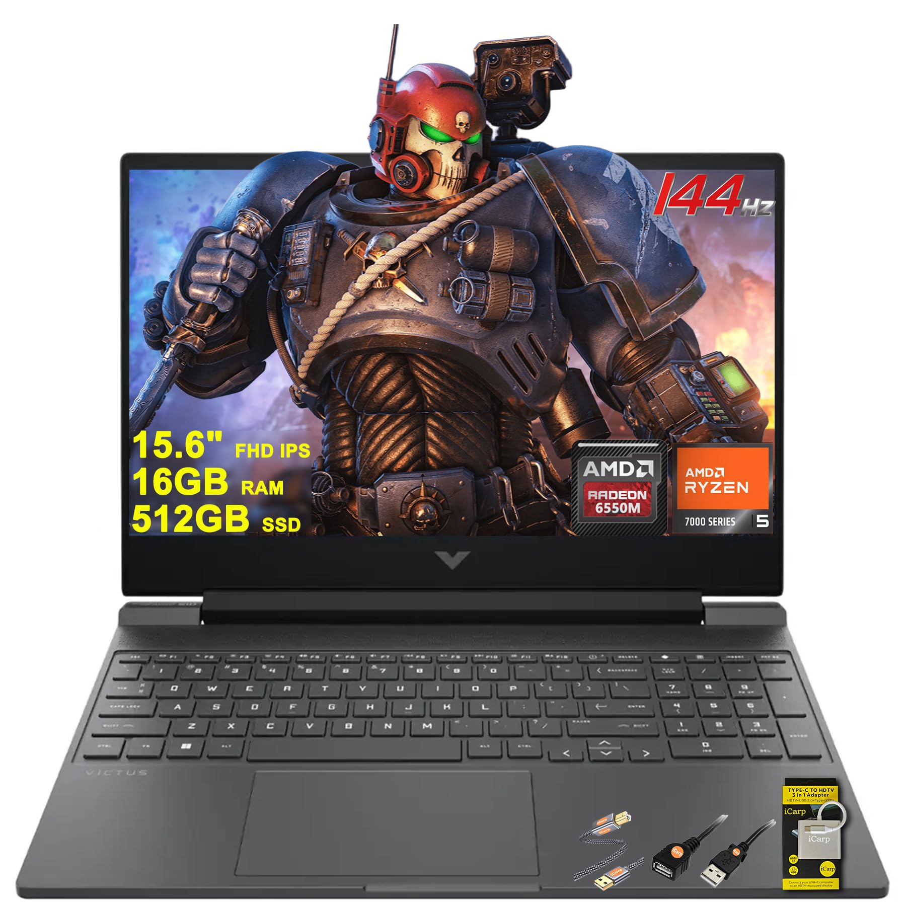 HP Victus 15 Gaming Laptop 15.6" FHD IPS 144Hz (AMD FreeSync Premium) AMD 6-core Ryzen 5 7535HS 16GB DDR5 512GB SSD Radeon RX 6550M (>RTX3050) Backlit USB-C Fast Charge Win11 w/ICP Accessory