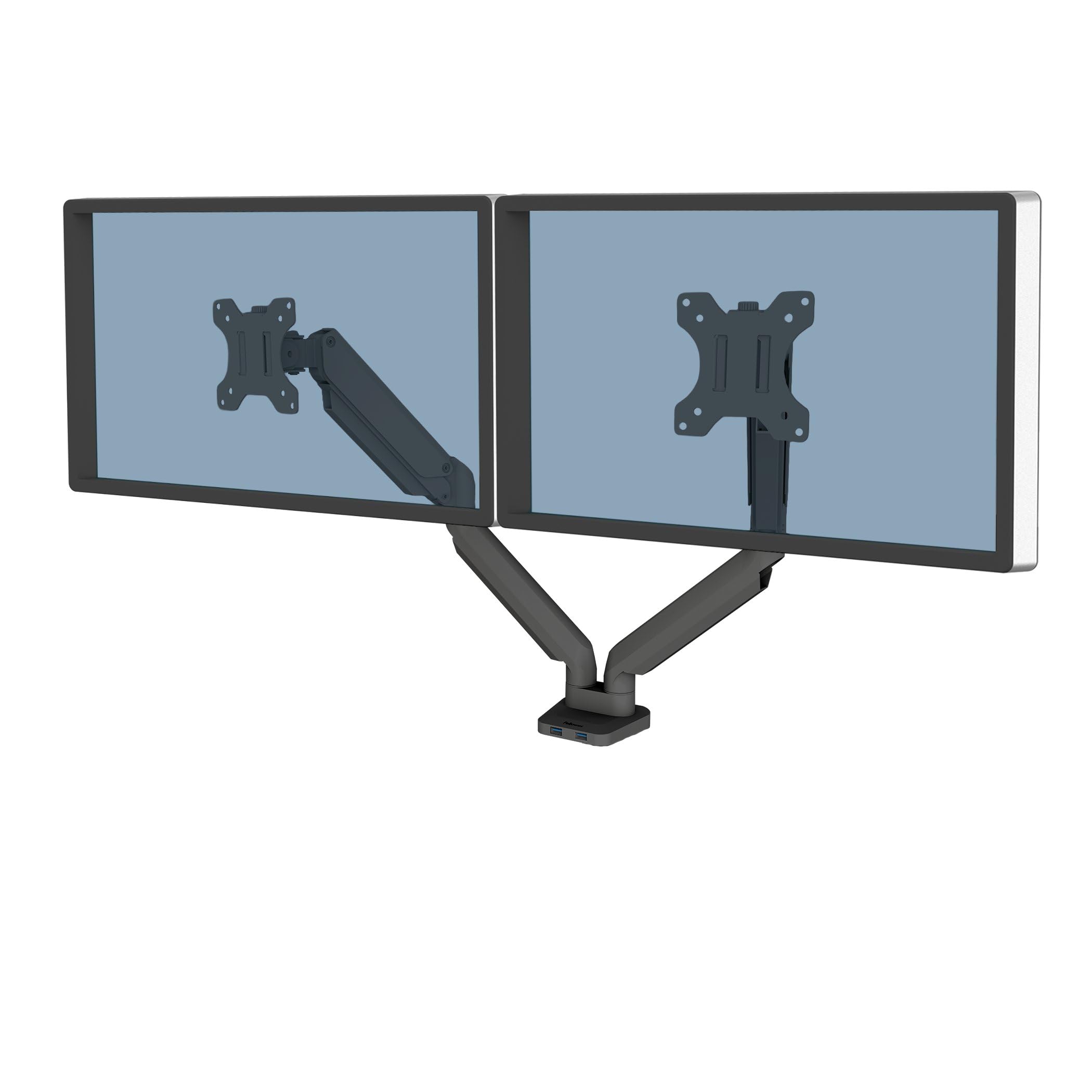Fellowes Platinum Series Dual Monitor Arm for 40-Inch Monitors, Full Motion, 360° Rotation, VESA Mount with Grommet or Clamp, USB Ports, Ergonomic, Black, 8042501
