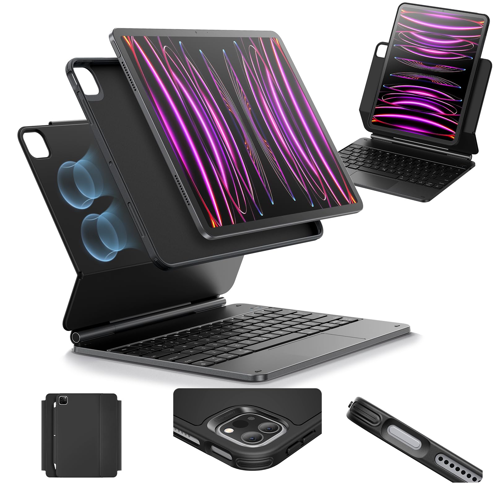 ESR iPad Pro 12.9 Case with Keyboard, Easy-Set Magnetic Stand, Portrait/Raised Modes for iPad Pro 12.9 (2022/2021/2020/2018), Removable Protective Case, Rebound 360 Series, Charcoal Grey