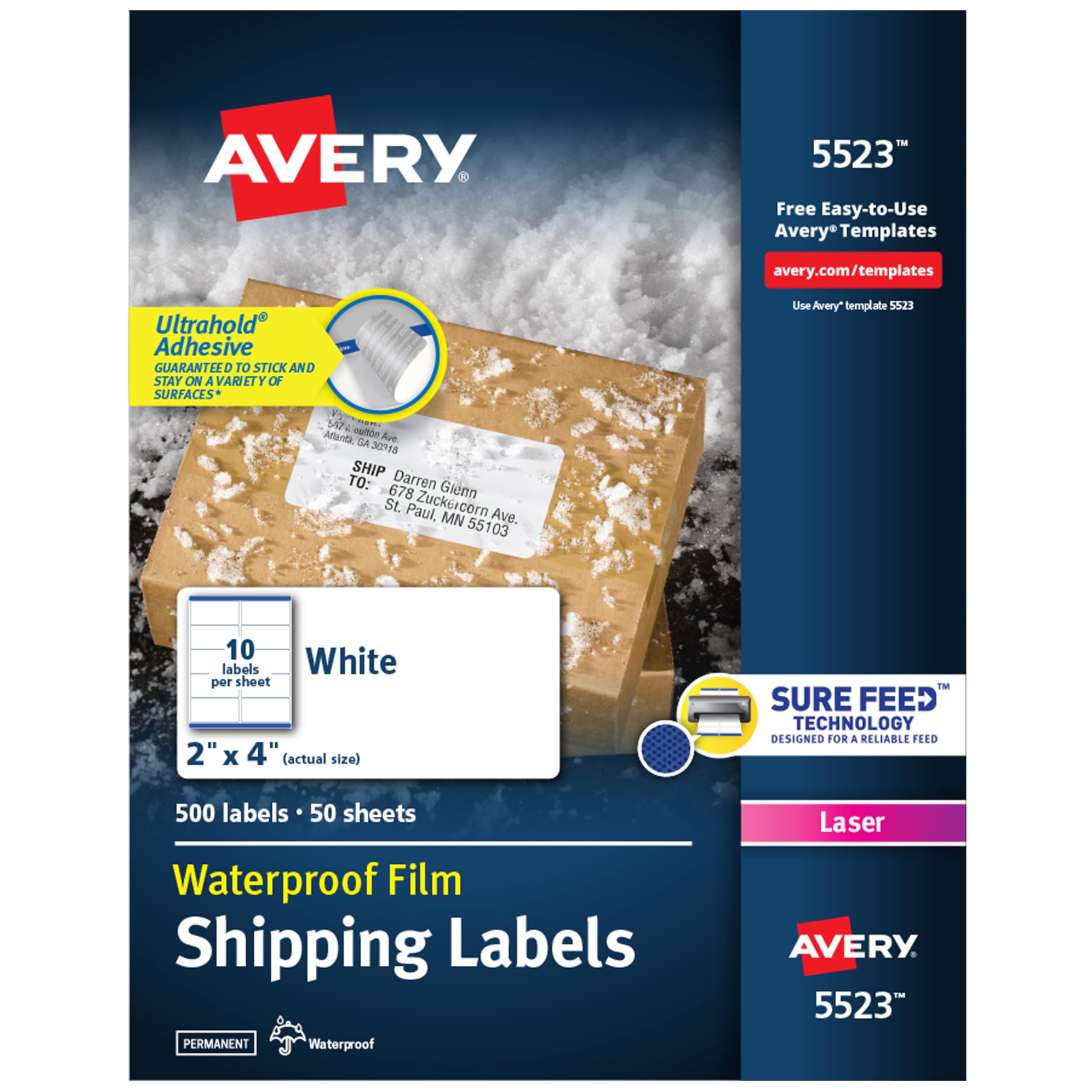 Avery Waterproof Labels with UltraHold Permanent Adhesive, 2" x 4", 500 Labels for Laser Printers (5523)