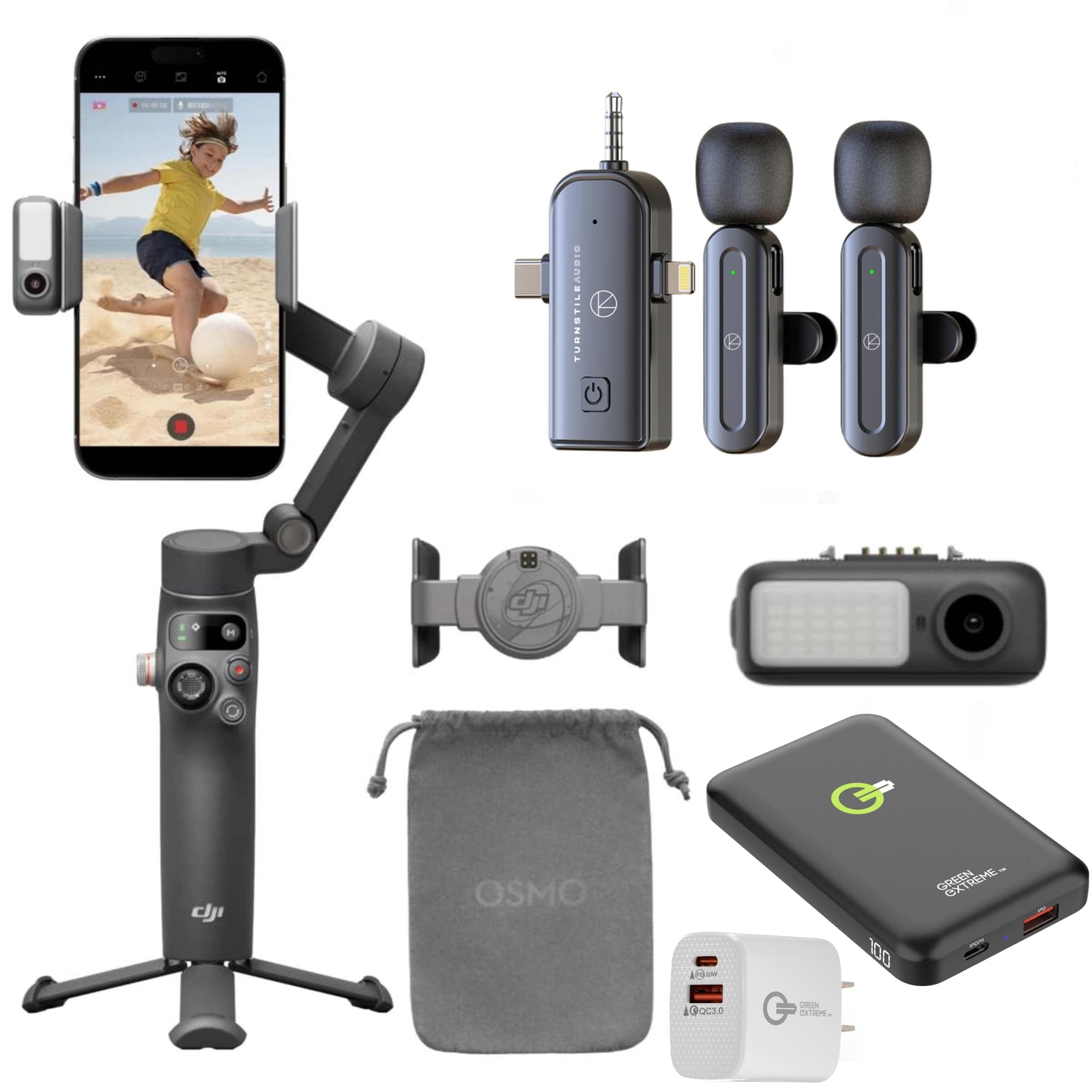 DJI Osmo Mobile 7P Gimbal Stabilizer for iPhone, Android, Lighting, 3-Axis Phone Gimbal, Built-in Extension Rod & Tripod, 10hrs Use, Phone Charging + Portable Charger + Wireless Mic Set + 20W Plug