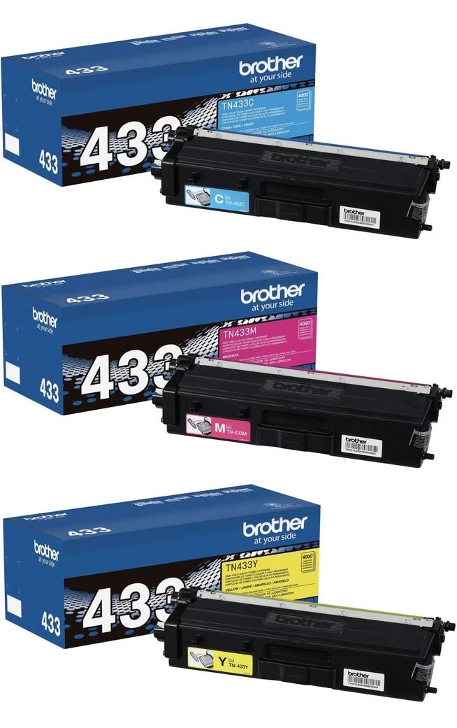 Brother Genuine TN433C, TN433M, TN433Y High Yield 3-Color Toner Cartridge Set, Cyan Magenta & Yellow, TN433