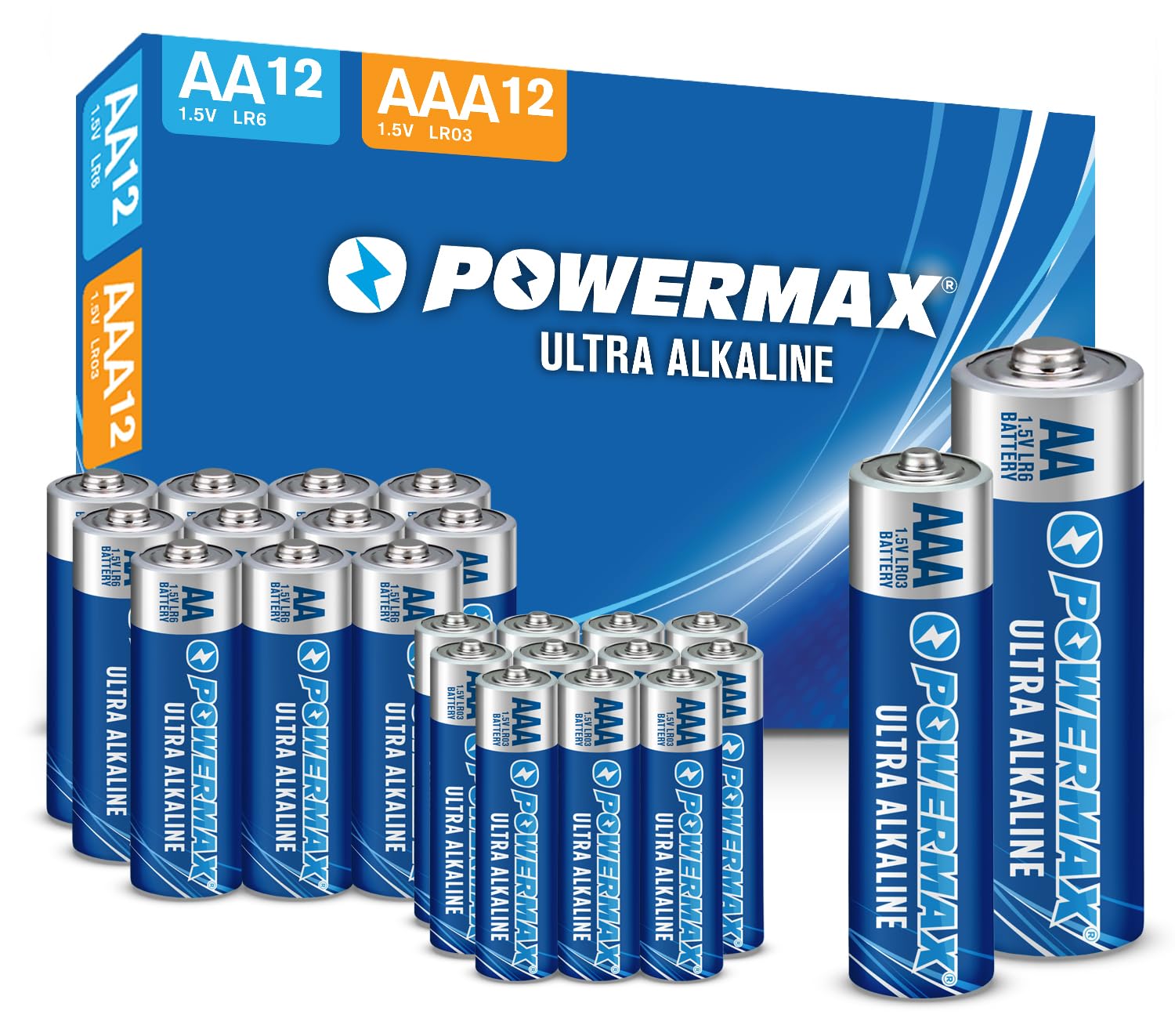 Powermax Alkaline Batteries 24-Count Combo Pack, (12 Double AA, 12 Triple AAA), Ultra Long Lasting Battery for Home and Office, 10-Year Shelf Life, Reclosable Packaging