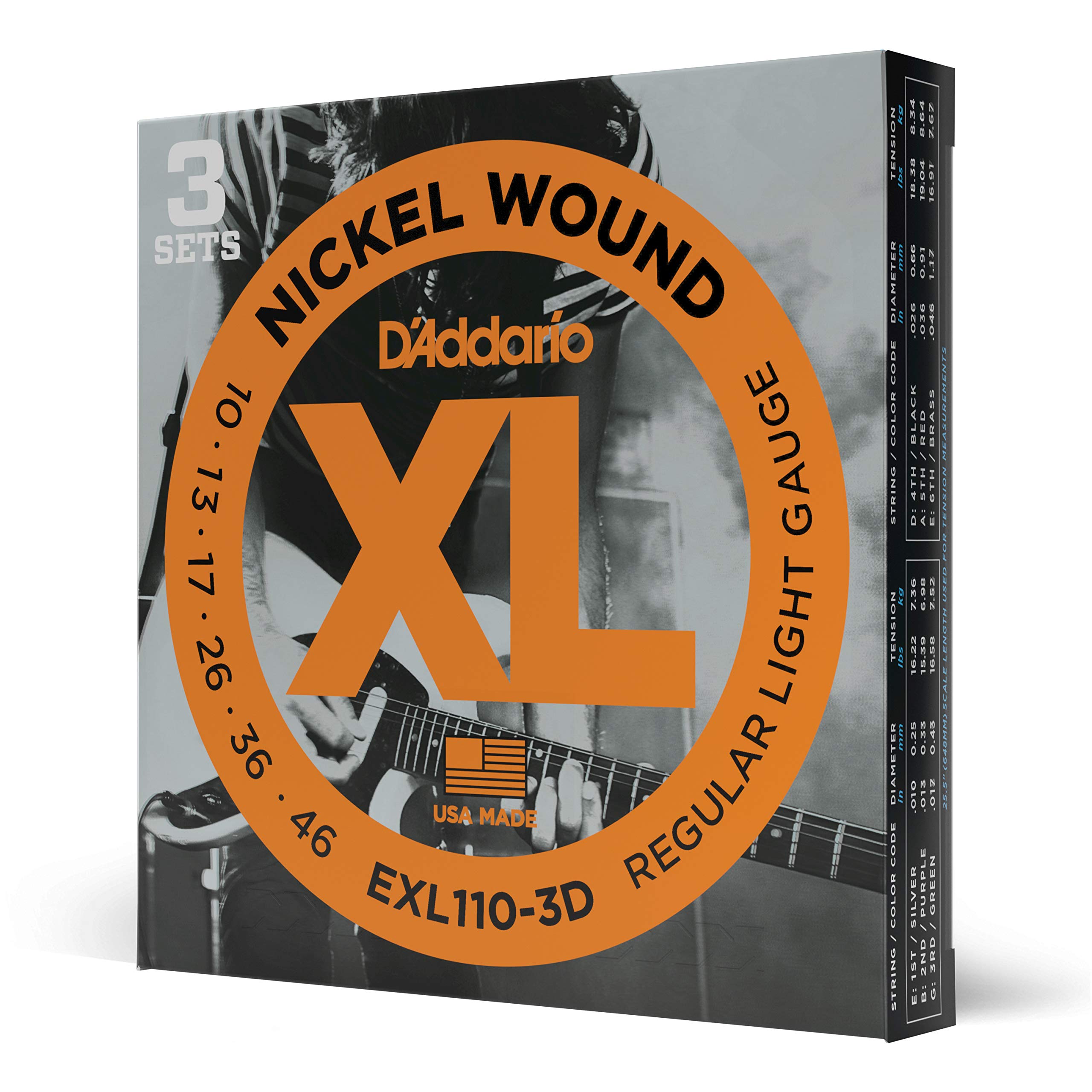 D'Addario Electric Guitar Strings, XL Nickel, EXL110-3D, Regular Light Gauge 10-46, 6-String Set, Pack of 3