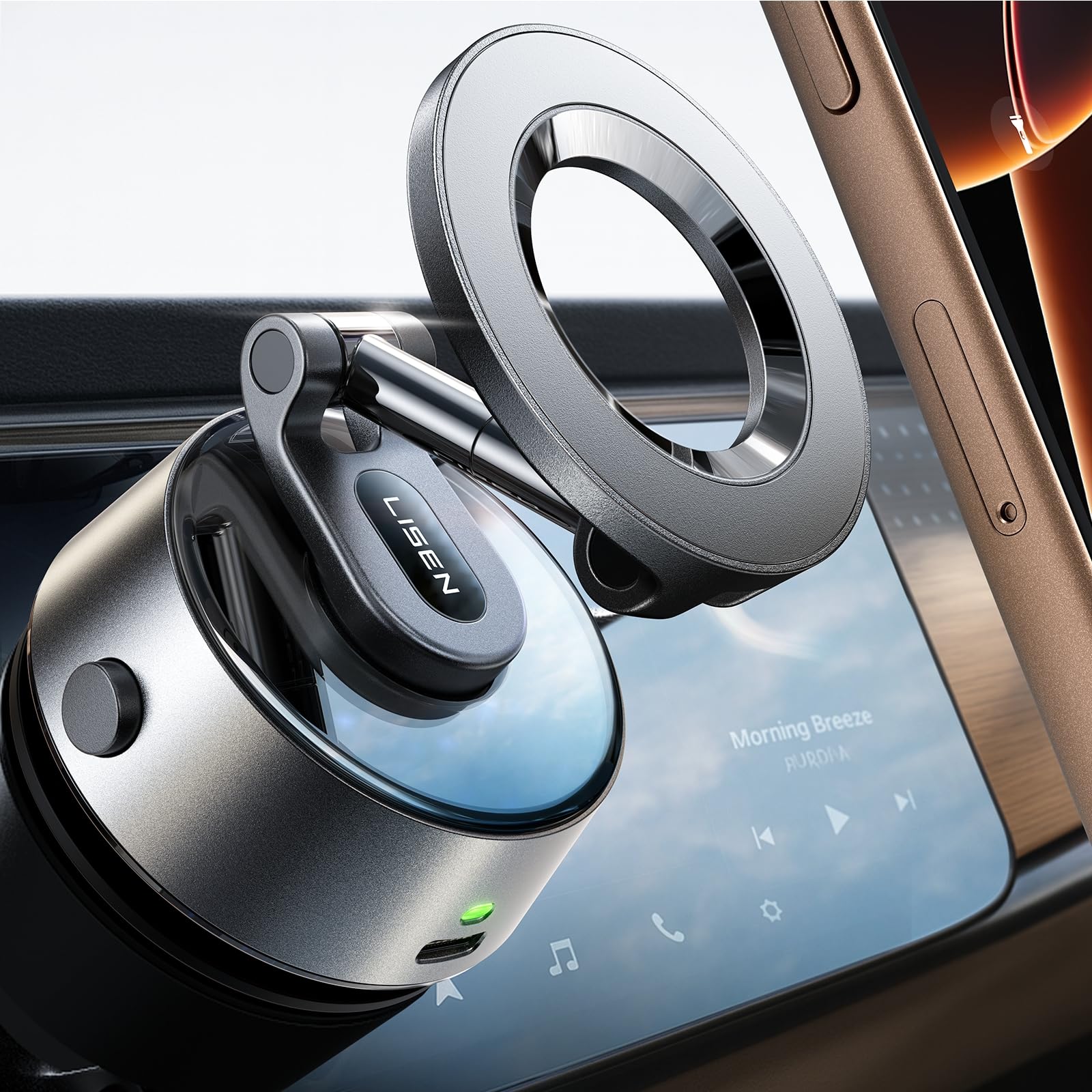 LISEN Electric Retractable Car Phone Mount, Content Creator MagSafe Suction Cup Phone Mount Vacuum Magnetic Phone Holder fit Vlogging Video Recording Windshield for 17 iPhone 16e 16 15 14 13 12
