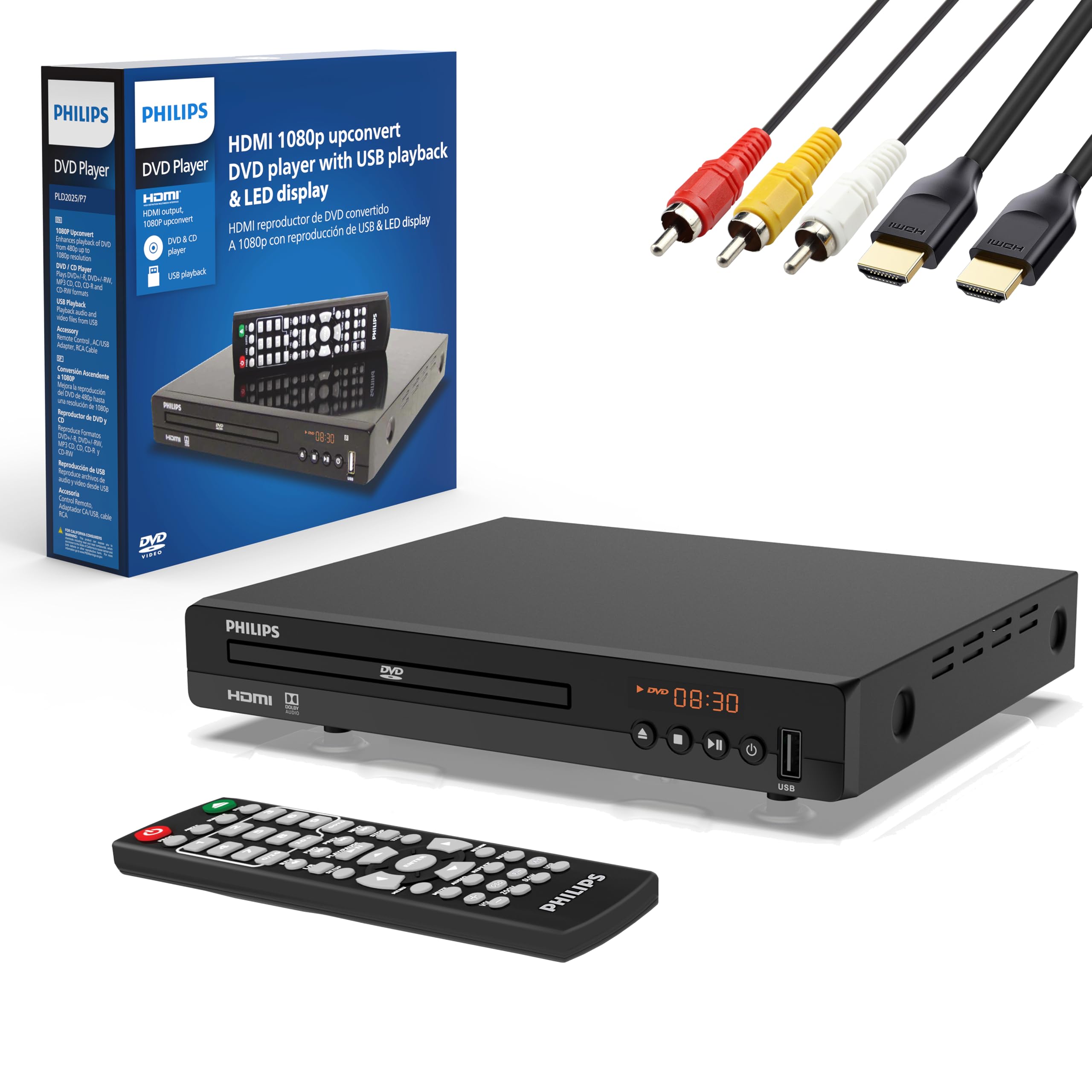 Philips DVD Players for TV with HDMI Port 1080P All Region HD DVD Player for Smart TV USB Input Remote Control Device, Mini DVD CD Player for Home Stereo System, HDMI and RCA Cable Included