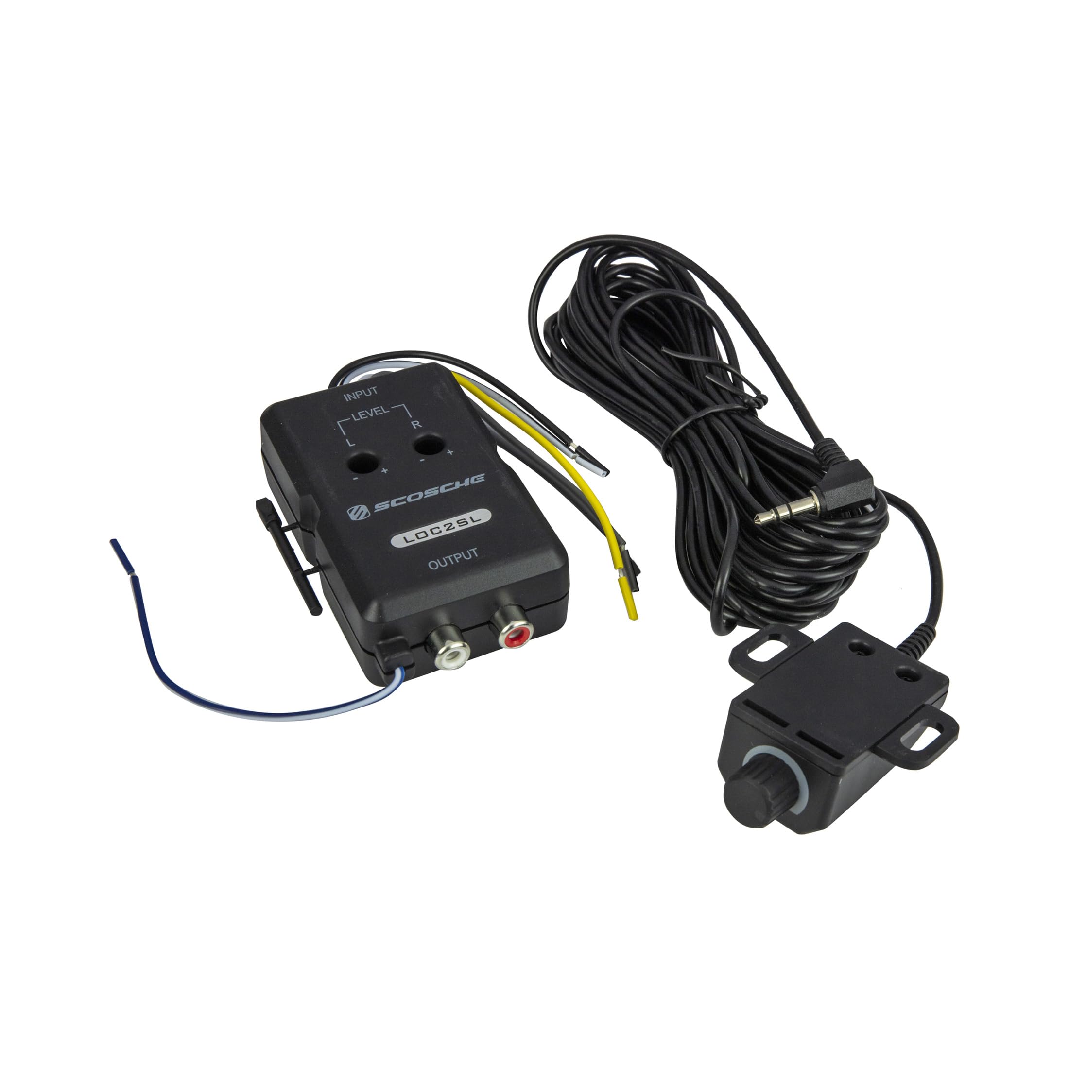 Scosche LOC2SL Line Output Converter with Remote Control Knob - 2CH High/Low RCA Converter Car Audio - Ideal for Subwoofer Amp - Line Level Converter for Car Stereo - Easy Installation - Quality Sound