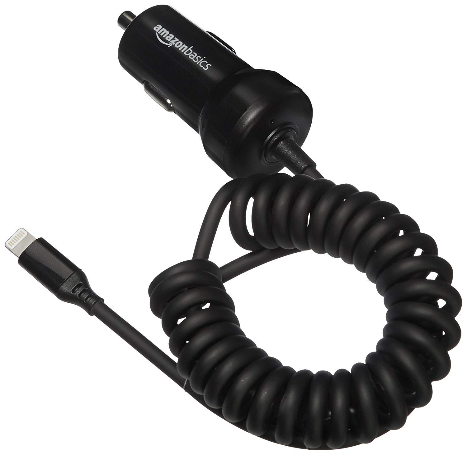 Amazon Basics 12W (5V, 2.4A) Fast Charging Car Charger with Coiled Lightning Cable for iPhone, iPad and Apple Devices, 1.5 ft - Black
