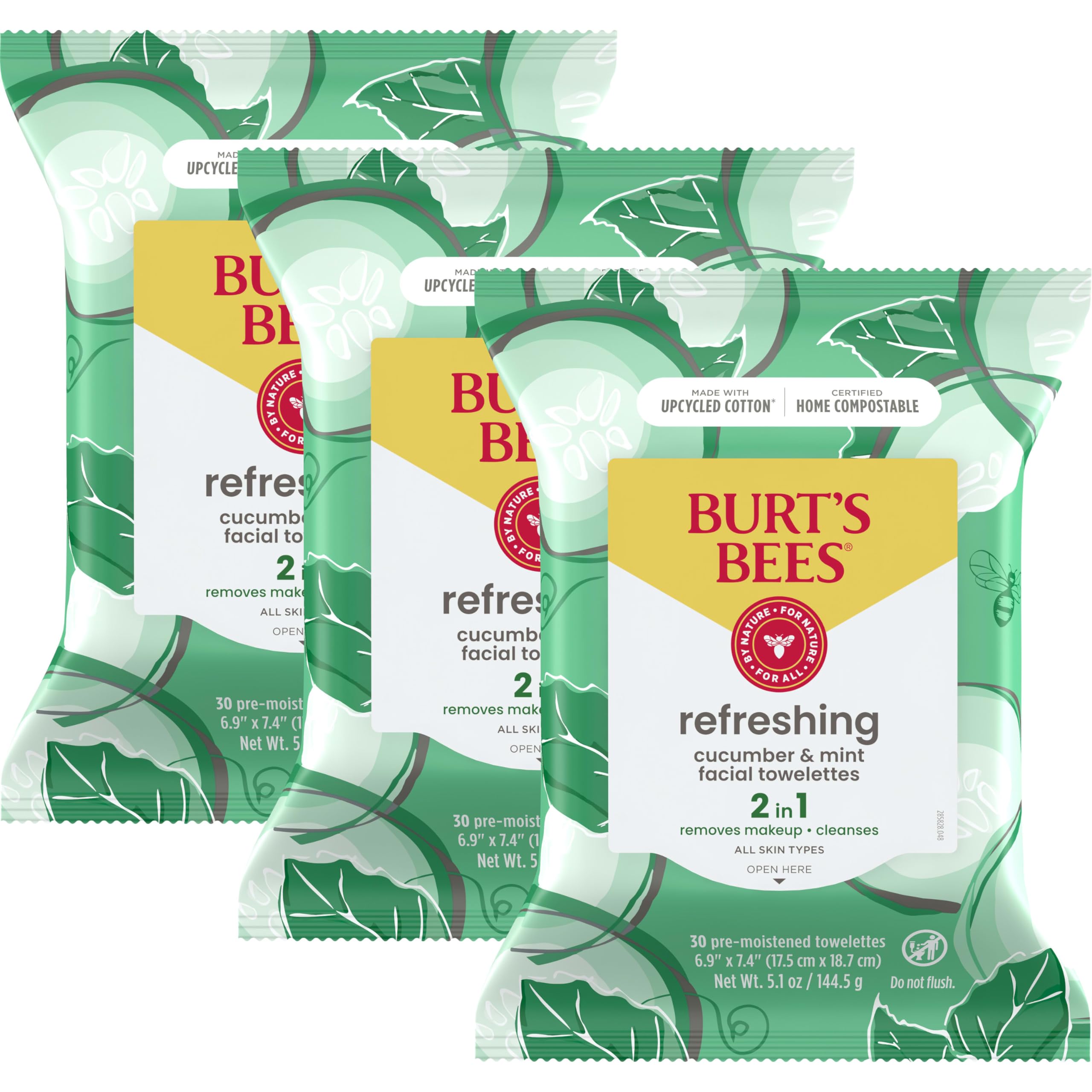 Burt's Bees Back To School Dorm Essentials, Cucumber & Mint Face Wipes, for All Skin Types, Refreshing Makeup Remover & Facial Cleansing Towelettes, 30 Ct. (3-Pack)