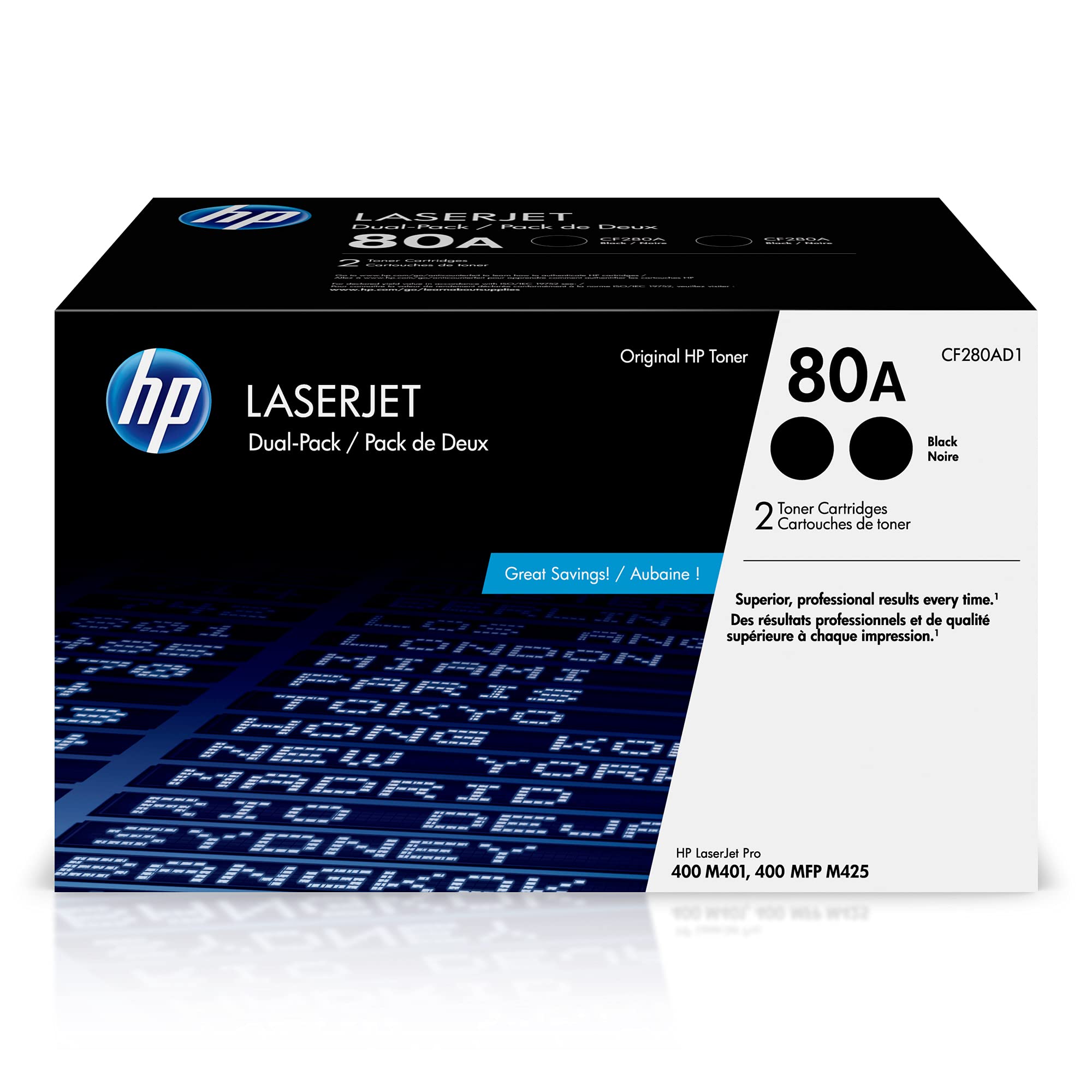 HP 80A Black Toner Cartridges for HP Printers (2-pack) | Works with Printer Series: LaserJet Pro 400 M401, LaserJet Pro 400 MFP M425 | CF280AD1
