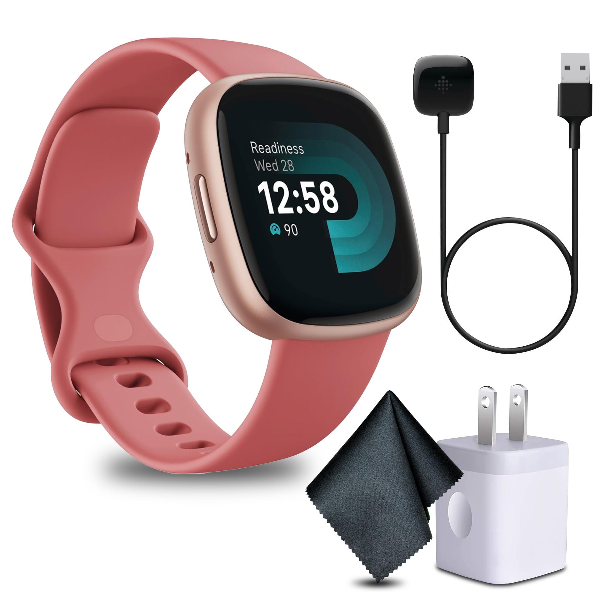 Fitbit Versa 4 Fitness Smartwatch with Daily Readiness, GPS, 24/7 Heart Rate, 40+ Exercise Modes, Fit Bit Smart Watch for Men and Women, Pink Sand/Copper Rose Bundle with Cleaning Cloth and Charger