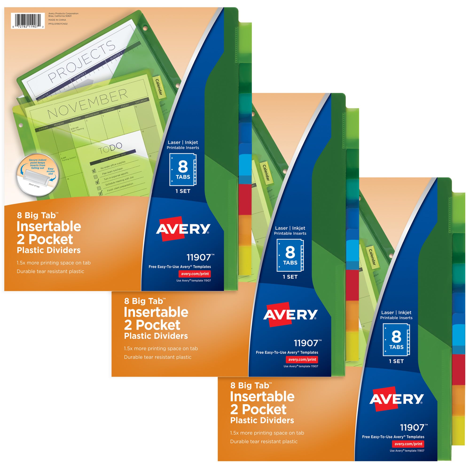 Avery Dividers for 3 Ring Binders, 8-Tab Sets, Two-Pocket Plastic Binder Dividers with Tabs, Multicolor, 3 Sets (71907)