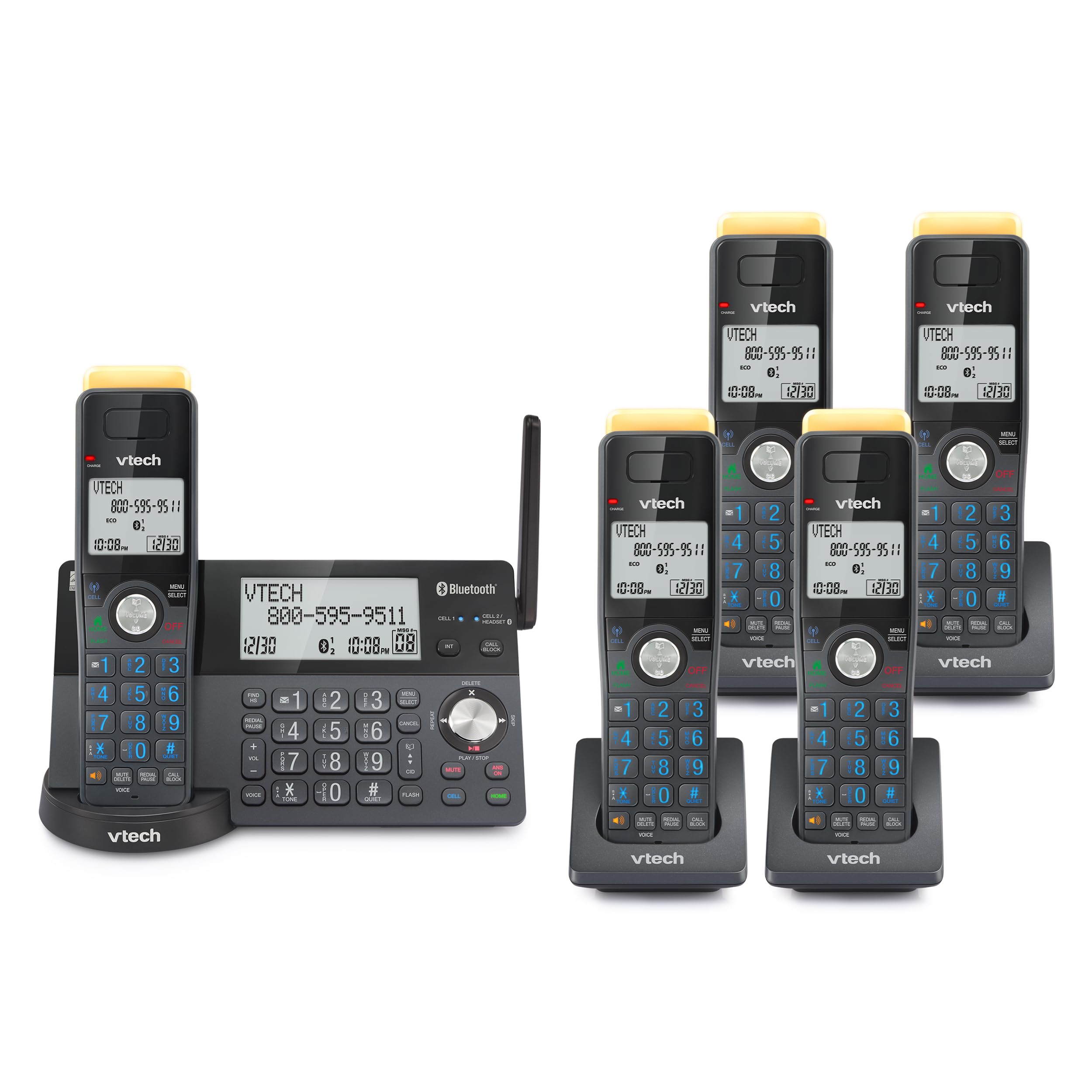 VTech IS8128-51 Super Long Range 5-Handset DECT 6.0 Cordless Phone for Home with Answering Machine, 2300 ft Range, Call Blocking, Bluetooth Connect to Cell, Intercom