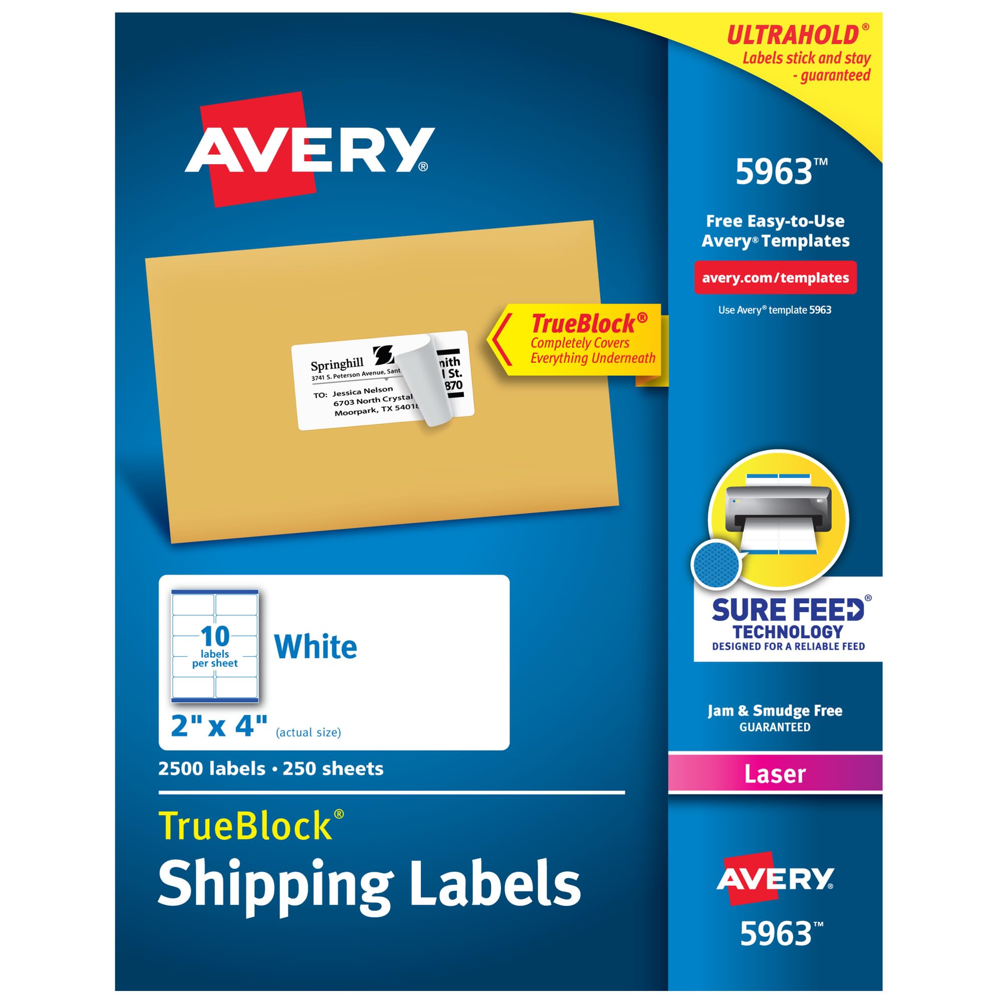 Avery Printable Shipping Labels with Sure Feed, 2" x 4" Customizable Stickers, White, 2,500 Blank Mailing Labels, Great for Mailing, Shipping, and More (5963)