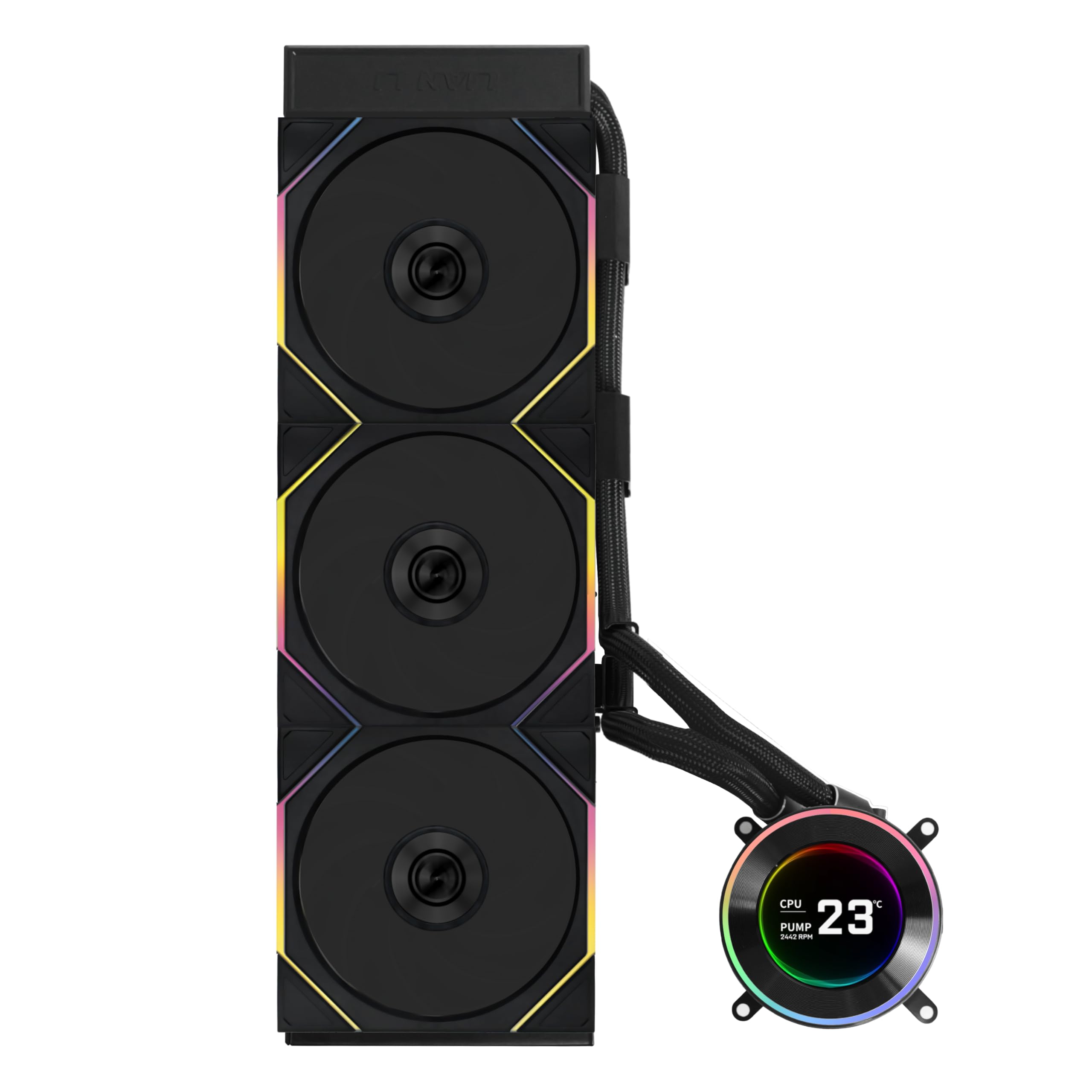 Lian Li Hydroshift II 360 TL RGB Liquid CPU Cooler - 360mm AIO - 3X 120 RGB Fans - 2.1” IPS LCD Screen - 3 Control Mode - Flexible Tubes Clamp - LGA 1851/1700, AMD AM5/AM4 - Black (HS2LCD36TB)