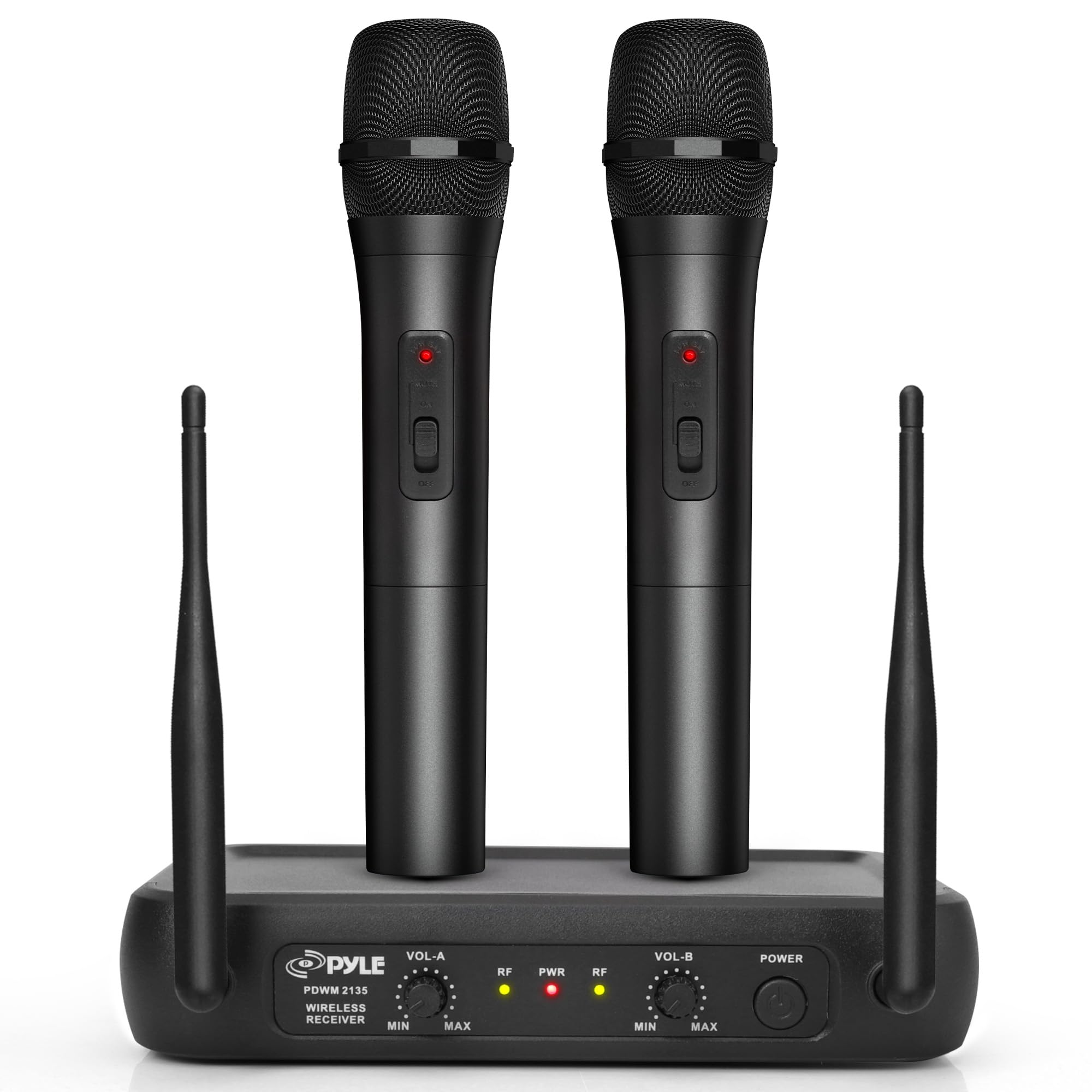 Pyle Dual Channel Microphone System-VHF Fixed Dual Frequency Wireless Set with 2 Handheld Dynamic Transmitter Mics, Receiver Base-for PA, Karaoke, Dj Party (PDWM2135) , Black