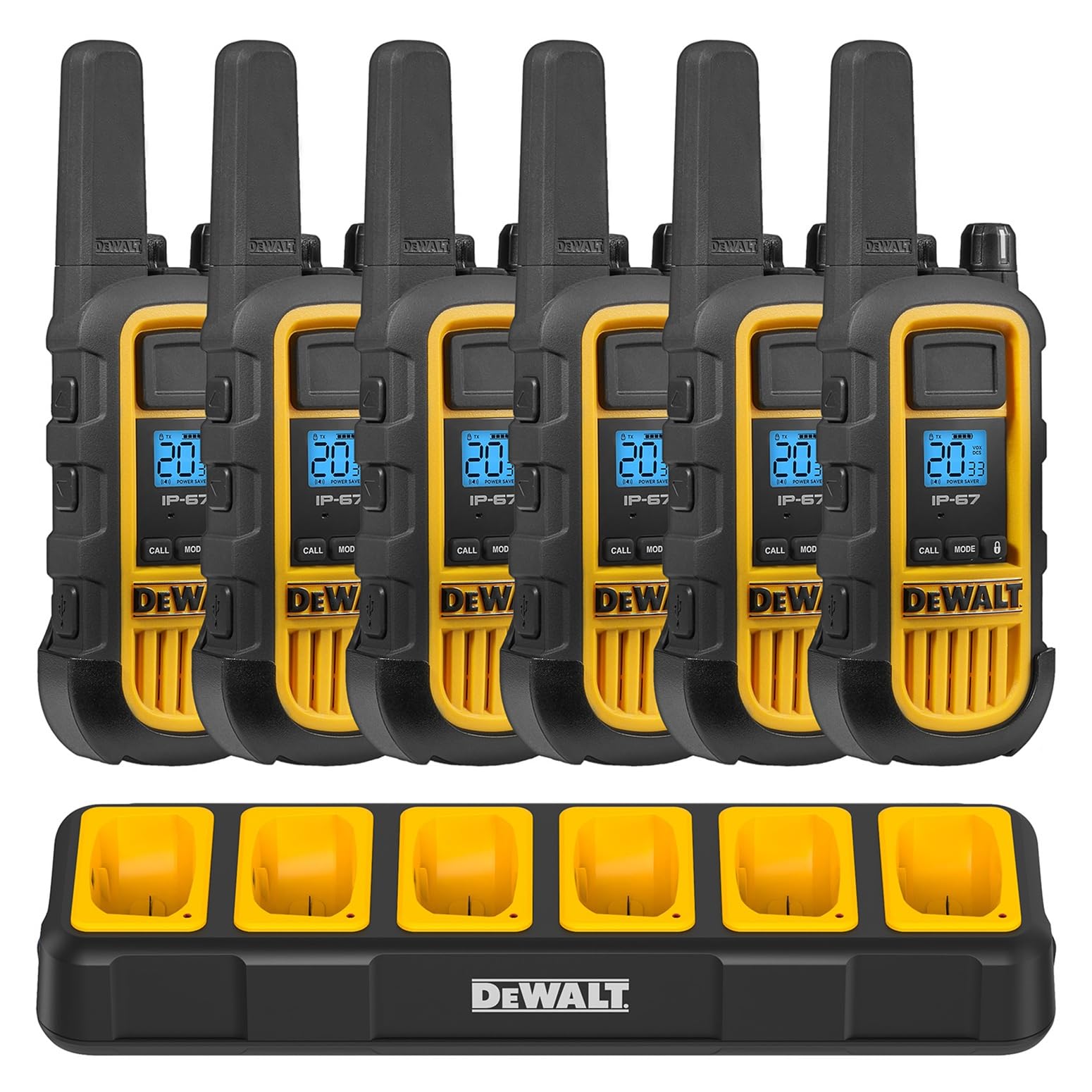 DEWALT DXFRS800 2 Watt Heavy Duty Walkie Talkies - Waterproof, Shock Resistant, Long Range & Rechargeable Two-Way Radio with VOX (6 Pack w/Gang Charger) (DXFRS800-BCH6)
