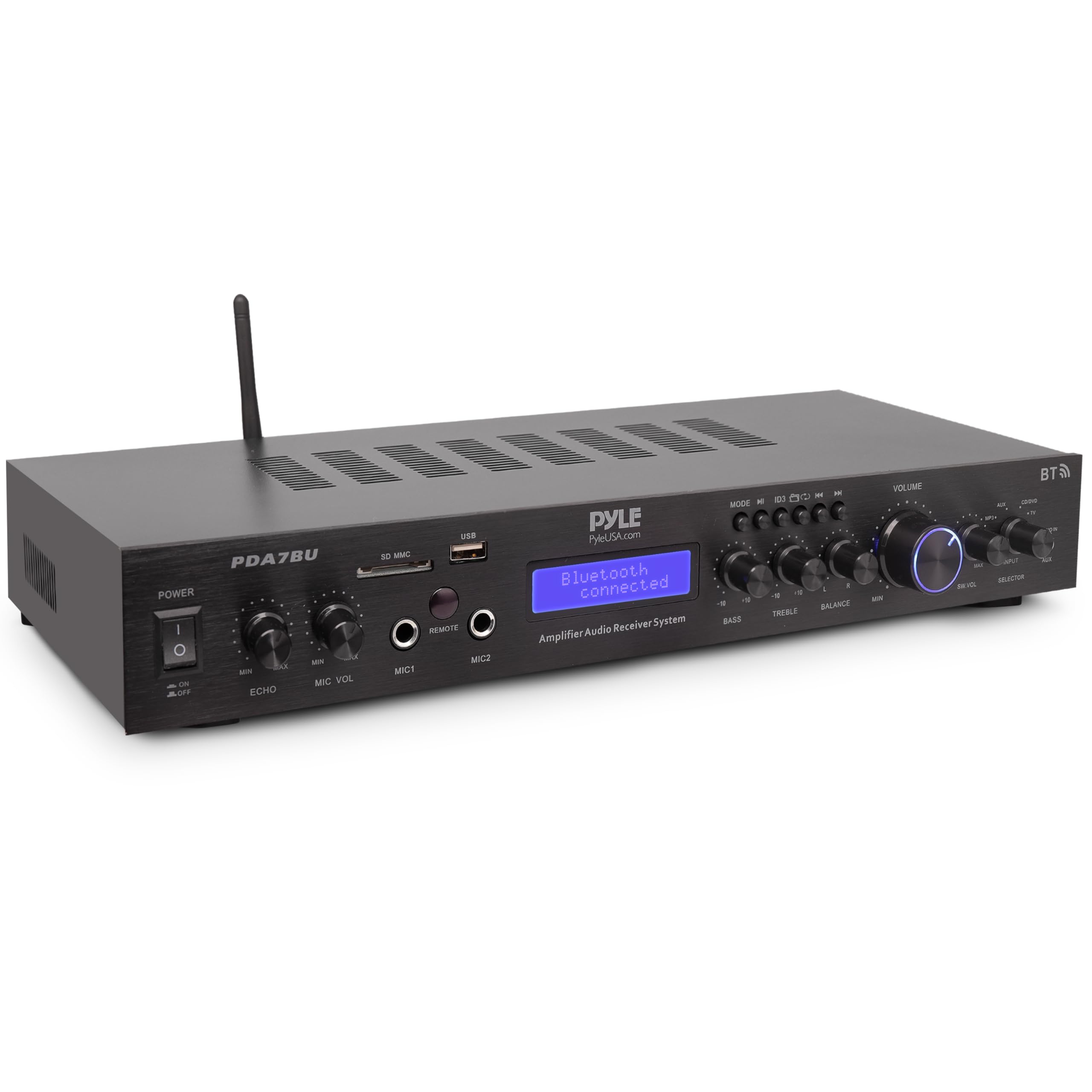 Pyle 5-Channel Rack Mount Bluetooth Receiver & Home Theater Amp - 200W Speaker Amplifier with MP3/USB/SD/AUX/FM - Digital ID3 LCD Display - Wireless Streaming - Built-In Microphone Input - PDA7BU