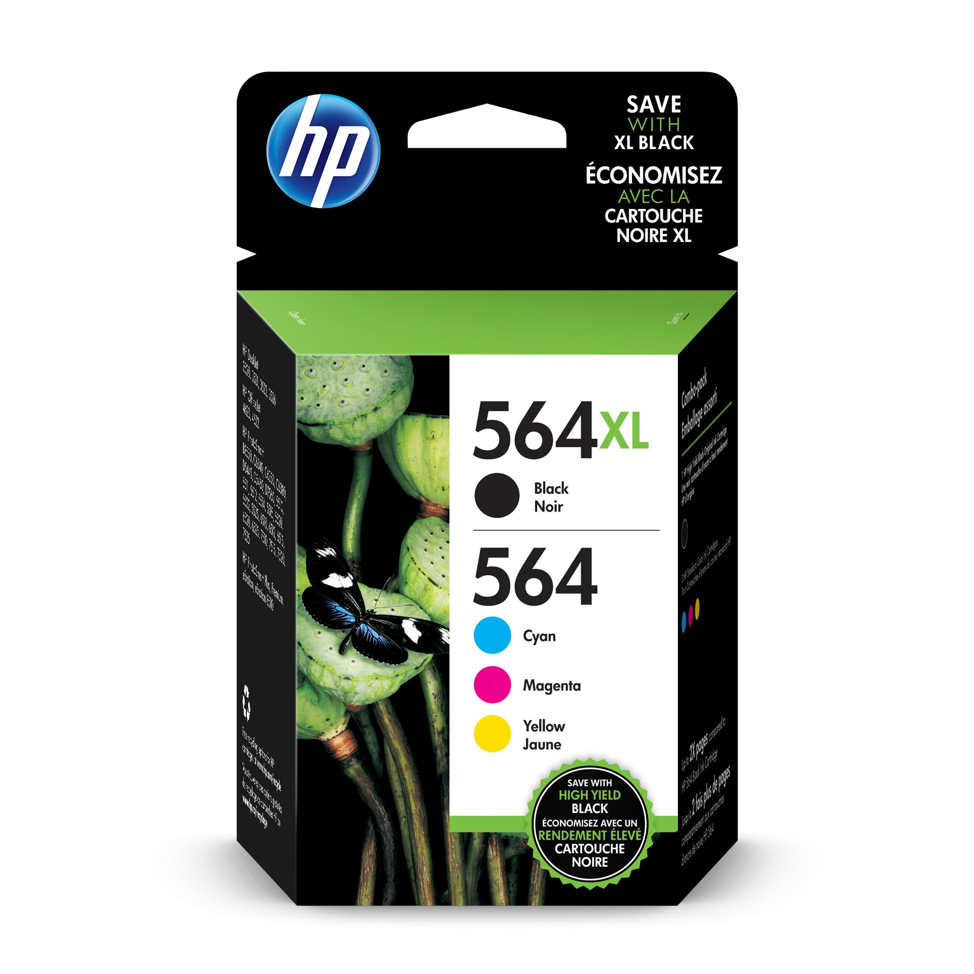 HP Original 564 Cyan, Magenta, Yellow / 564XL Black Ink (4-Pack) | Works DeskJet 3500; OfficeJet 4620; PhotoSmart B8550, C6300, D5400, D7560, 5500, 6500, 7500, Plus, Premium, eStation