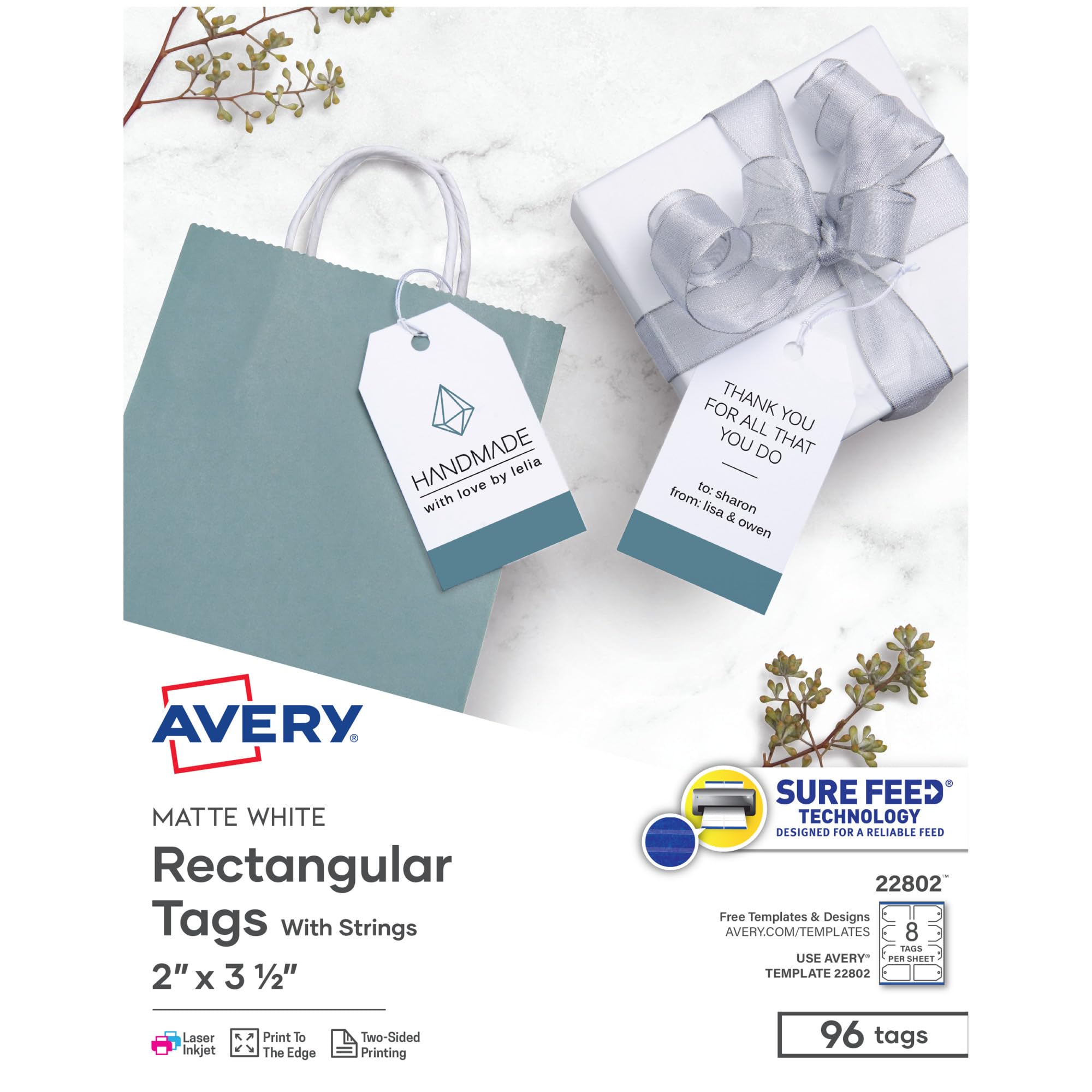 Avery Blank Printable Tags, Sure Feed Technology, 2" x 3.5", White, 96 Customizable Tags, String Included, Great for Branding, Gifts, Merchandising, and More (22802)