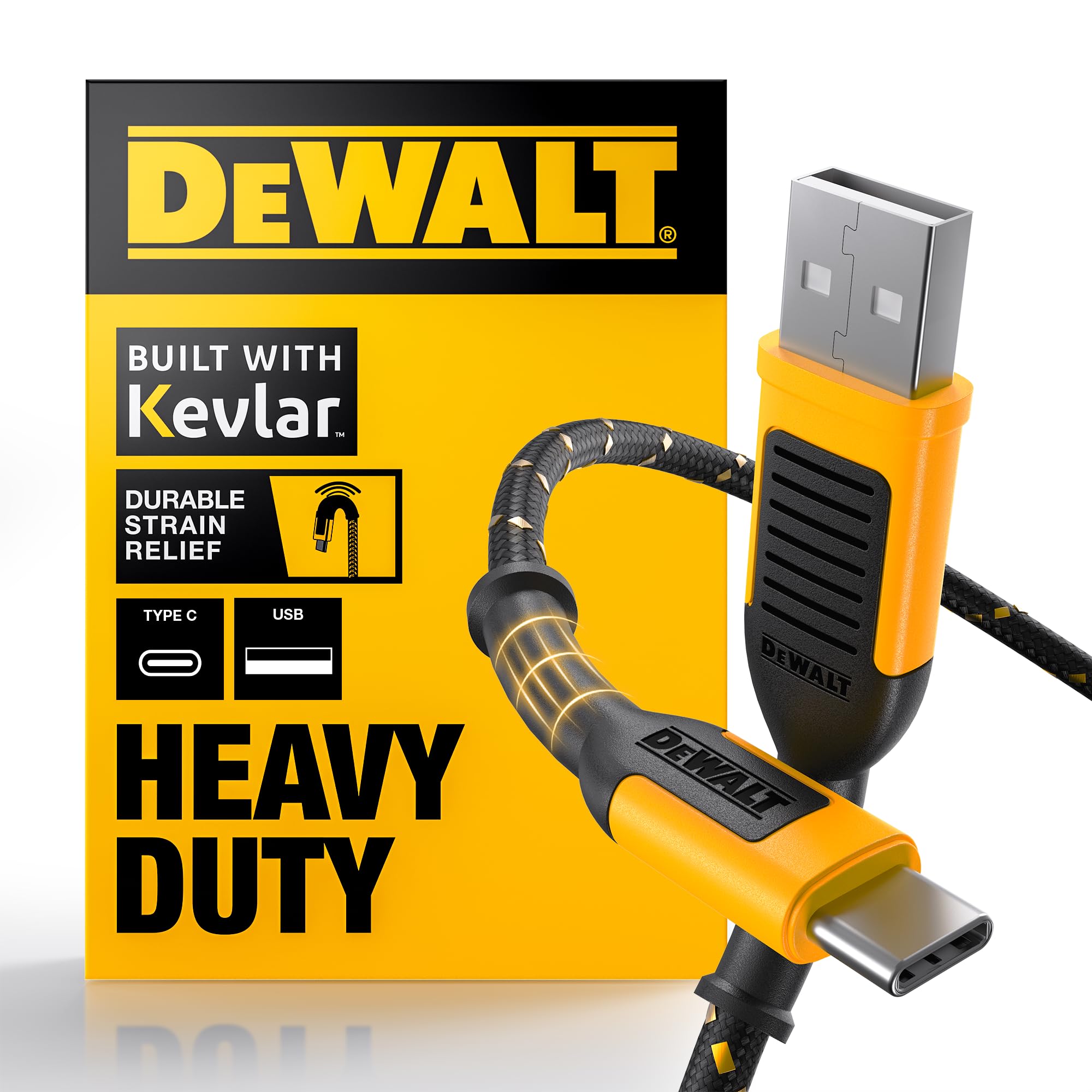 DEWALT Heavy Duty USB C Cable, Premium Braided Nylon USB A to Type C Charger Cable Fast Charging for iPhone 16 Series, iPhone 15 Series, Samsung Galaxy S10 S10+ / Note 9, LG V30 (USB 2.0, Black)