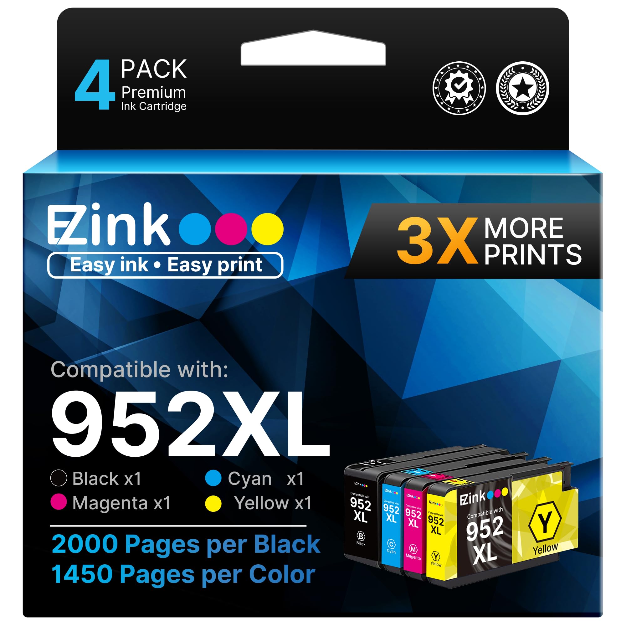 E-Z Ink 952XL Replacement Compatible for HP 952 XL 952XL Ink Cartridge Combo Pack Latest Upgrade to Use with HP Officejet Pro 8710 7740 8720 8210 8715 8740 8725 (4 Pack, Black Cyan Magenta Yellow)