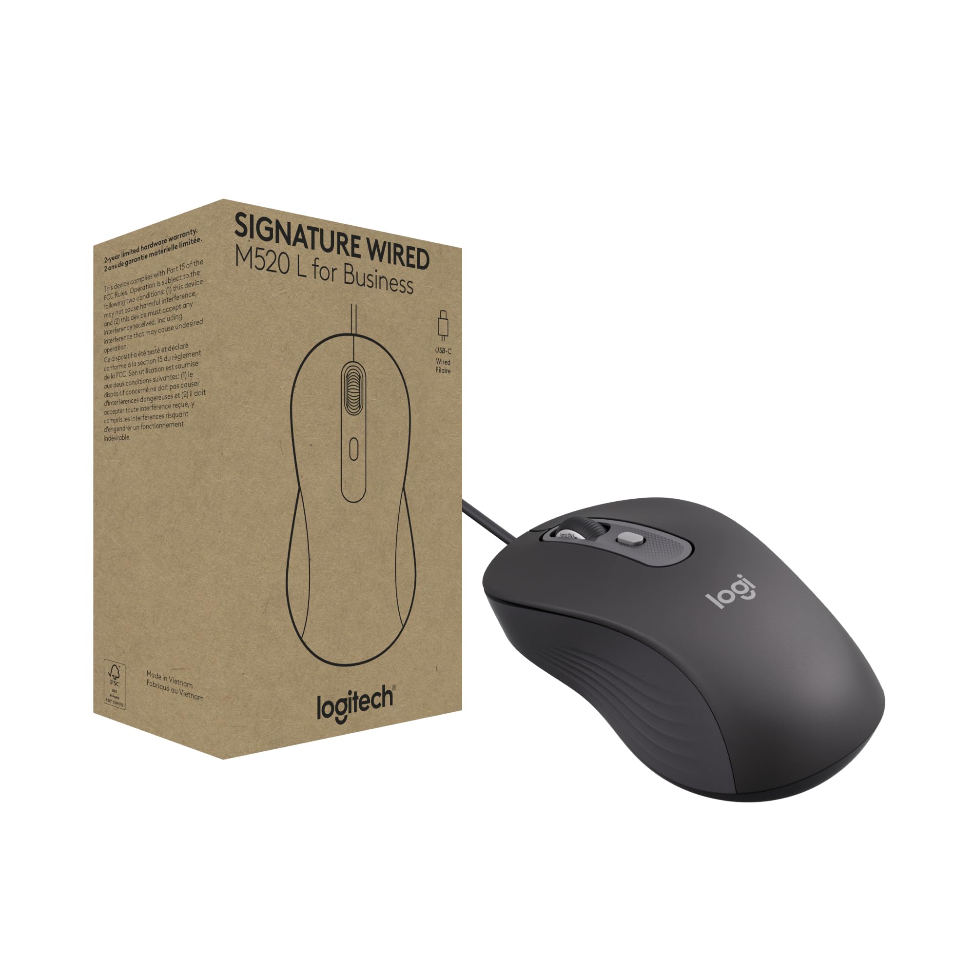 Logitech Signature Wired M520 L for Business, Optical Wired Mouse, USB-C Plug-and-Play, Windows/Mac/Chrome/PC/laptops - Graphite