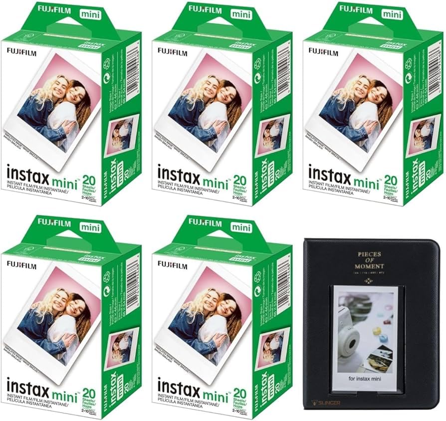 Fujifilm Instax Mini Instant Camera Film: 100 Shoots Total, (10 Sheets x 10) Bundle with Slinger 64 Pocket Mini Instax Photo Album, Black - Capture Memories Anytime, Anywhere