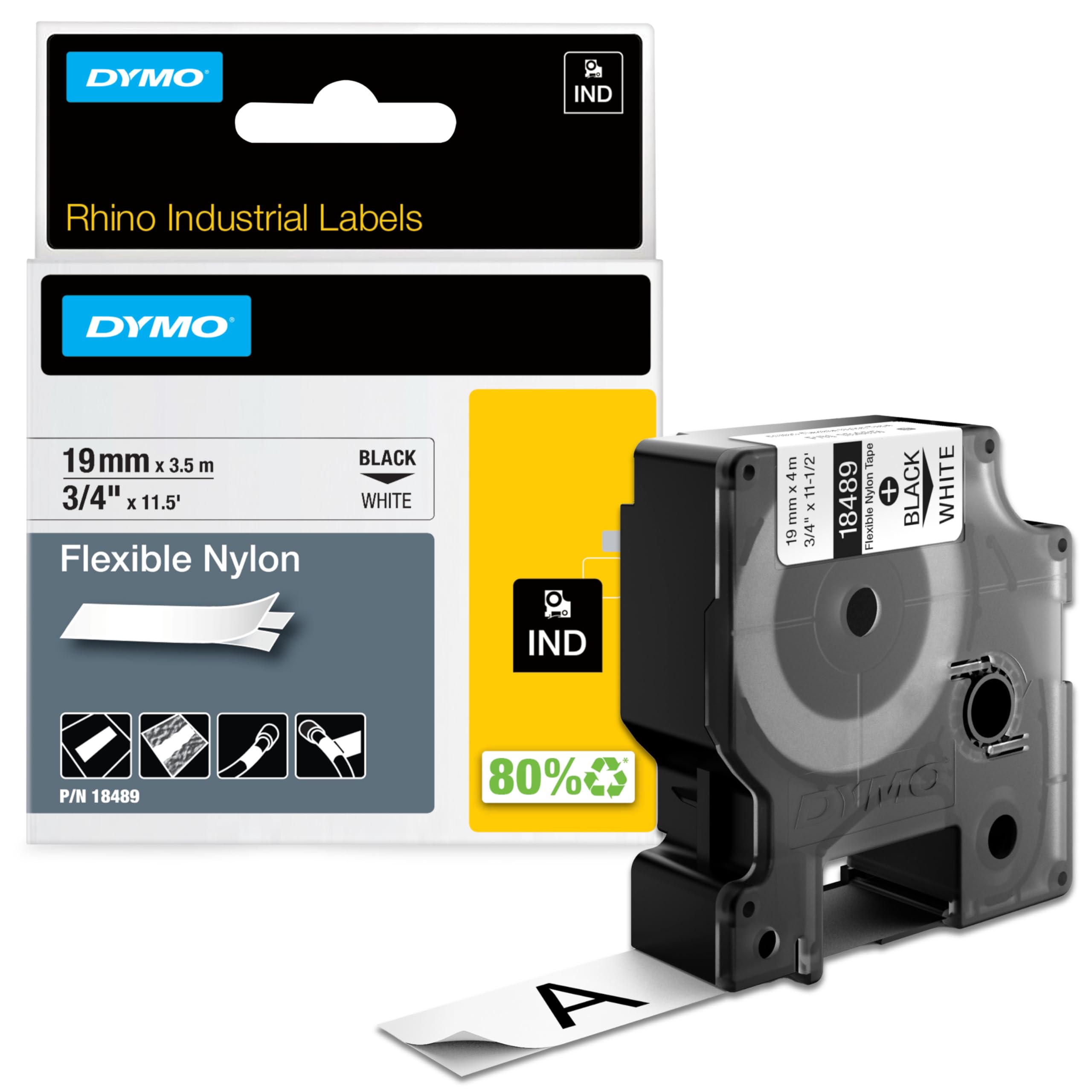DYMO Rhino Industrial Flexible Nylon Labels, 3/4" x 11.5', Black Print on White Tape