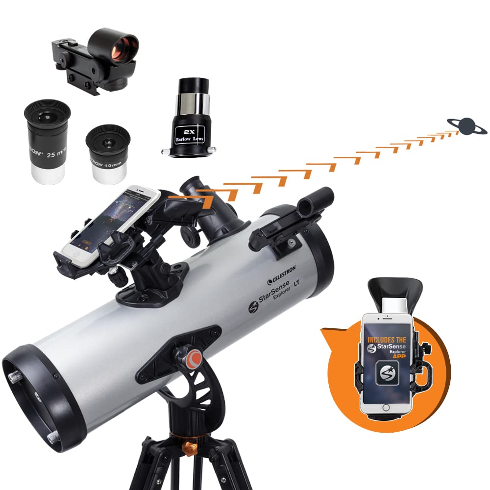 Celestron 22452 StarSense Explore LT114AZ Newtonian Reflector Telescope with Smartphone App-Enabled Technology - Includes Two Eyepieces, 2X Barlow Lens, Phone Dock and Height-Adjustable Tripod, Black