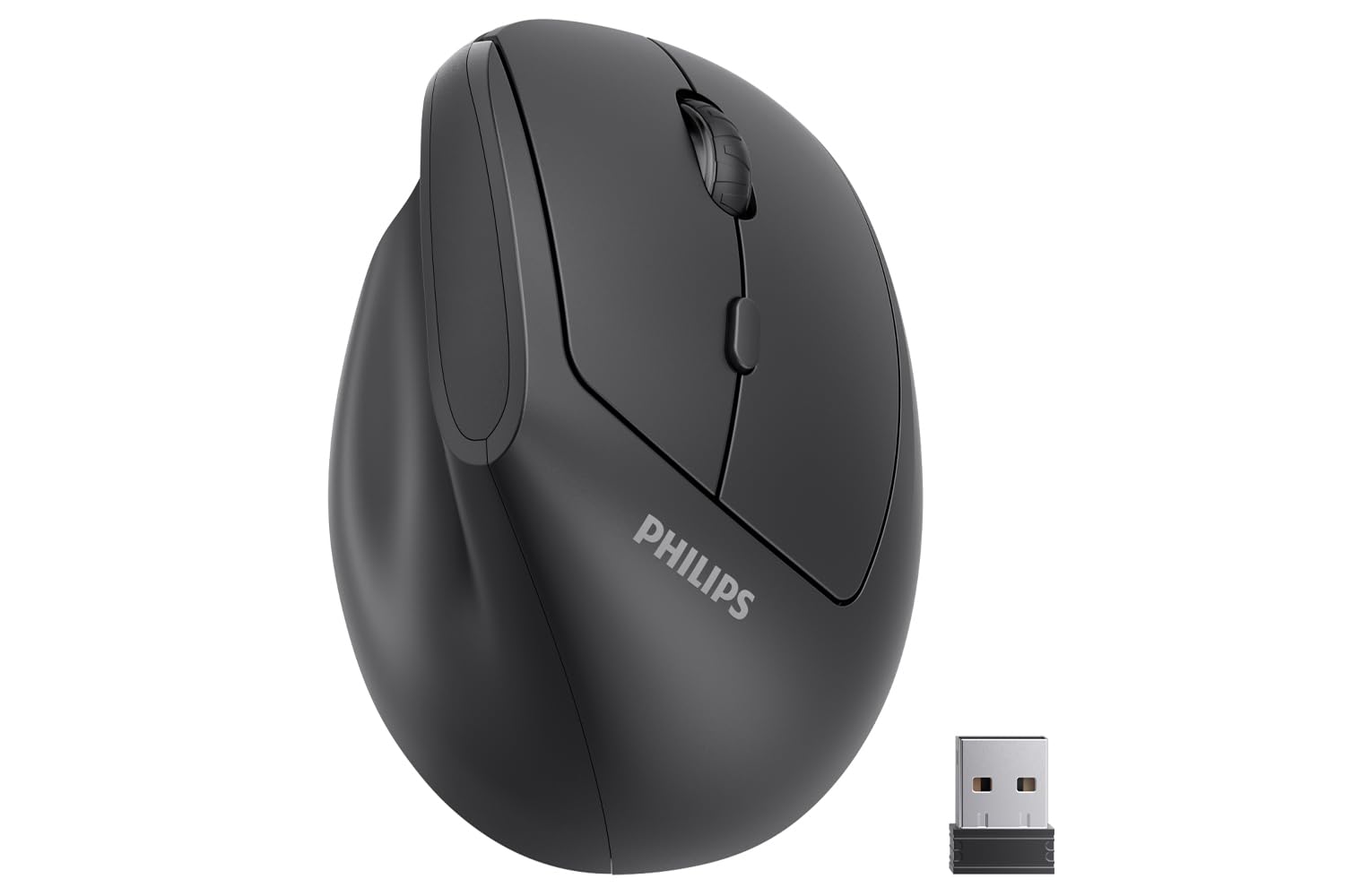 PHILIPS Ergonomic Mouse - Vertical Mouse with 800/1200/1600 Adjustable DPI, 6 Silent Buttons Design for S/M Hands, Auto Power Saving,Light Weight, 2.4GHz Wireless Mouse for Laptop, Desktop, PC-Black
