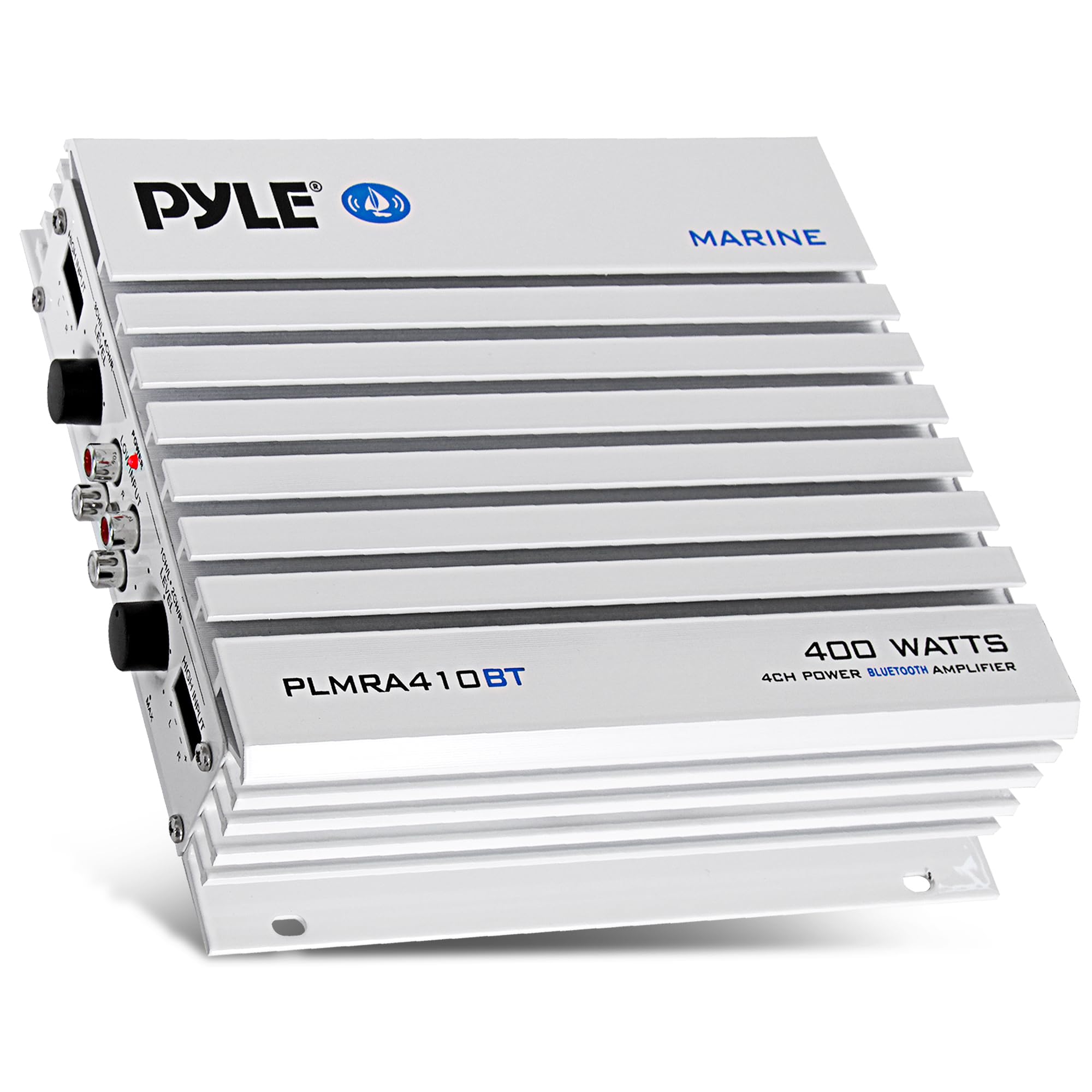 Pyle 2.1 Bluetooth Marine Amplifier Receiver - Waterproof 4 Channel Wireless Bridgeable Audio Amp for Stereo Speaker with 400W Power Dual MOSFET Supply, GAIN Level & LED Indicator, Black - PLMRA410BT