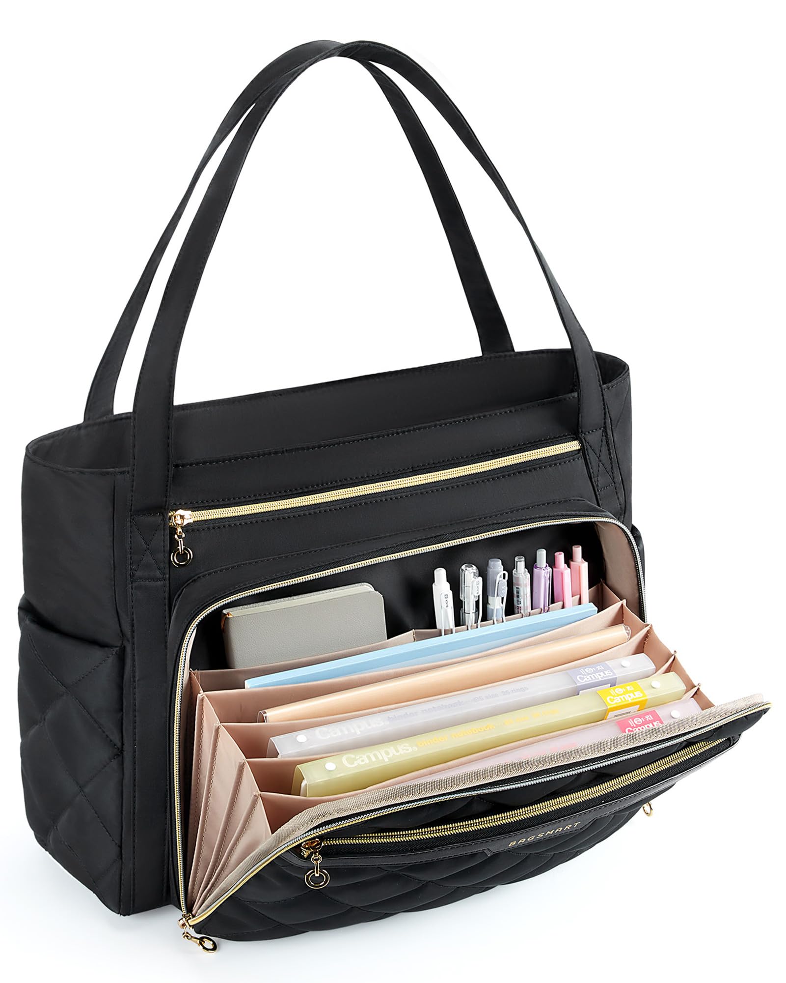 BAGSMART Teacher Tote Bag for Women 15.6in Quilted with Insulated Pocket & Nurse Bag Features (Black)