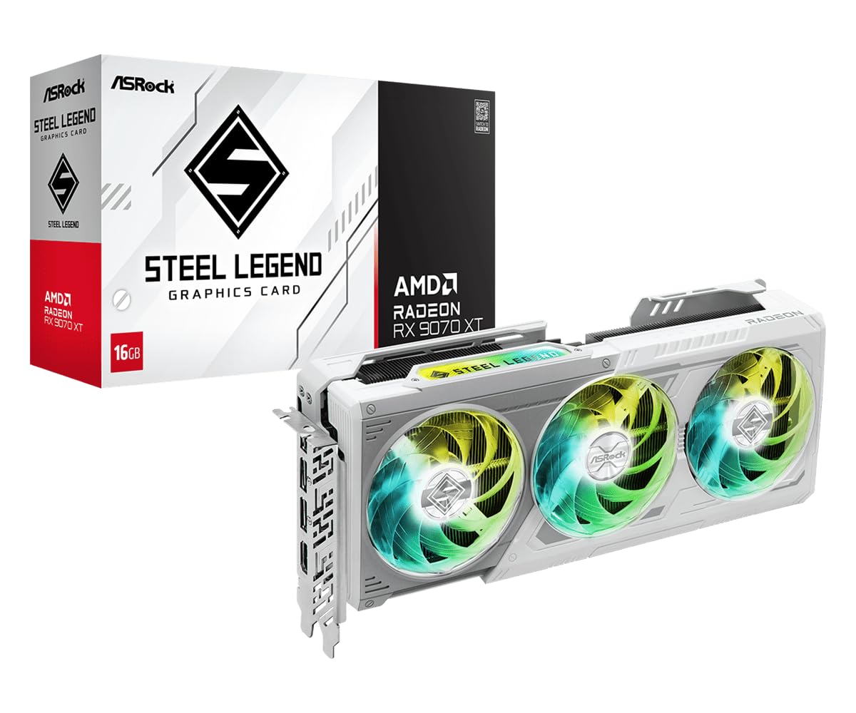 ASRock AMD Radeon RX 9070 XT Steel Legend 16GB White GPU 20Gbps GDDR6 256Bit (3rd Gen RT 2nd Gen AI Accelerators) PCIe5.0 800W 2x8-pin Triple Fan DP2.1a HDMI2.1b Graphics Card 2.9 Slot