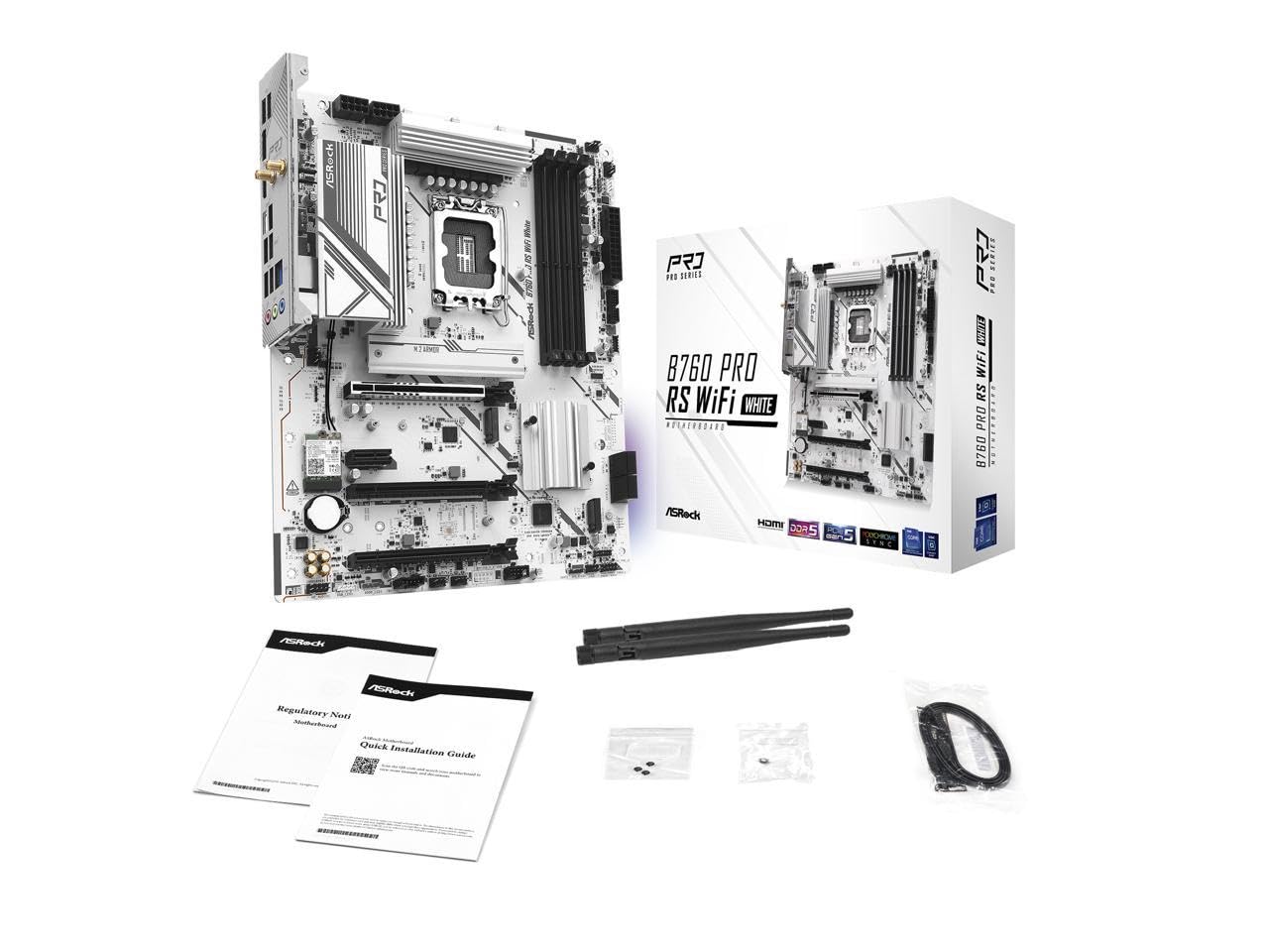 Asrock B760M Pro RS WiFi White Intel Micro ATX Motherboard DDR5 DIMM 7200 MHz 256 GB LGA1700 SATA3 6.0 Gb/s LED M.2