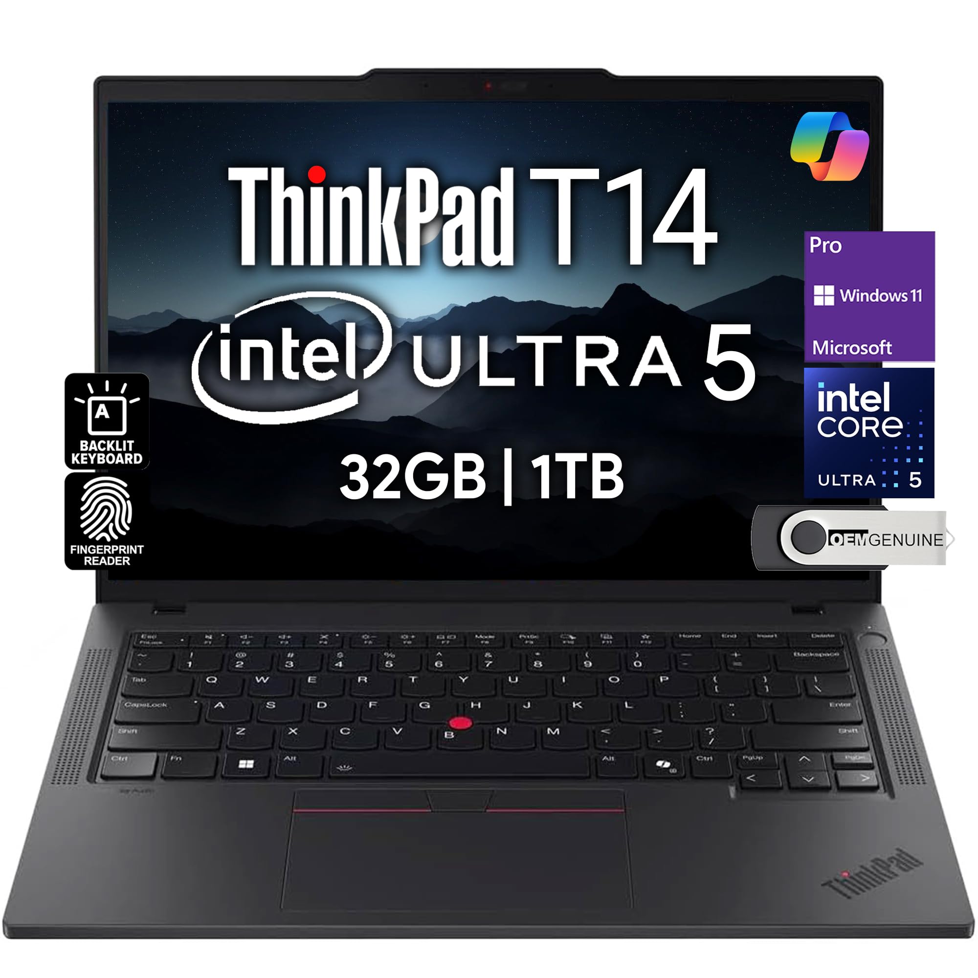 Lenovo ThinkPad T14 Gen 5 Business Laptop 14" FHD+ IPS, Intel Ultra 5 125U, 32GB DDR5 RAM, 1TB SSD, 5MP HD Webcam, Fingerprint, Backlit, Wi-Fi 6E, 2 Thunderbolt 4, AI PC, W11P, 3 Yr Wty